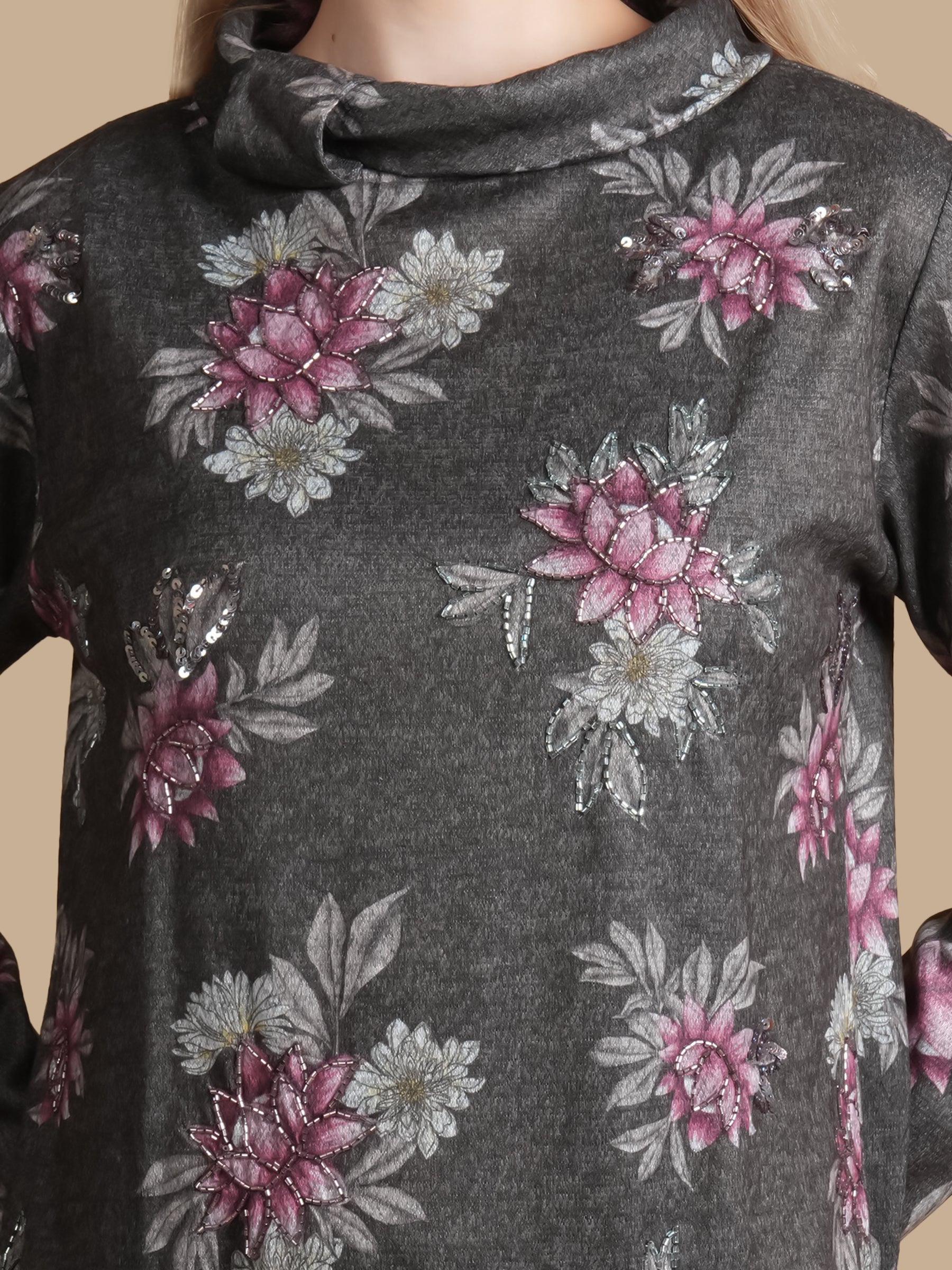 ANGORA HAND  EMBELLISHED GREY DRESS