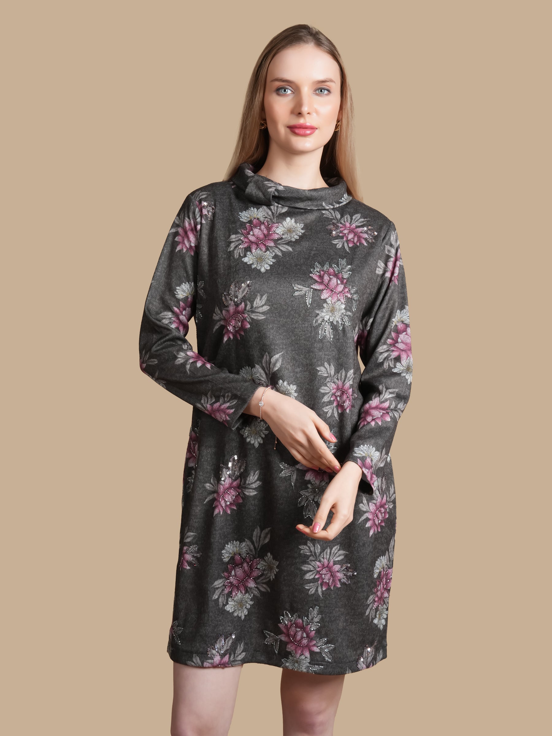 ANGORA HAND  EMBELLISHED GREY DRESS