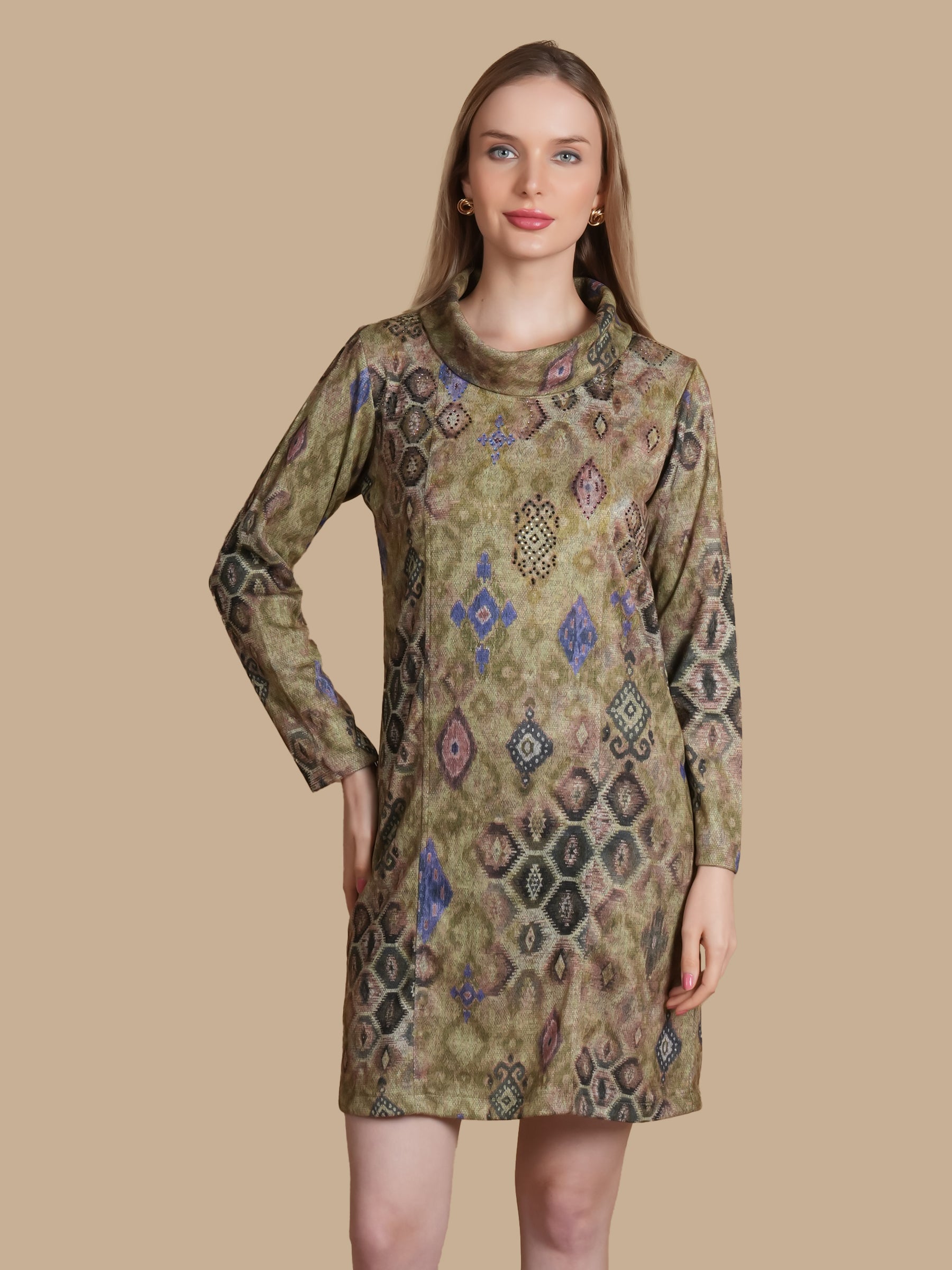 ANGORA COWL NECK SWAROSVKI BROWN DRESS