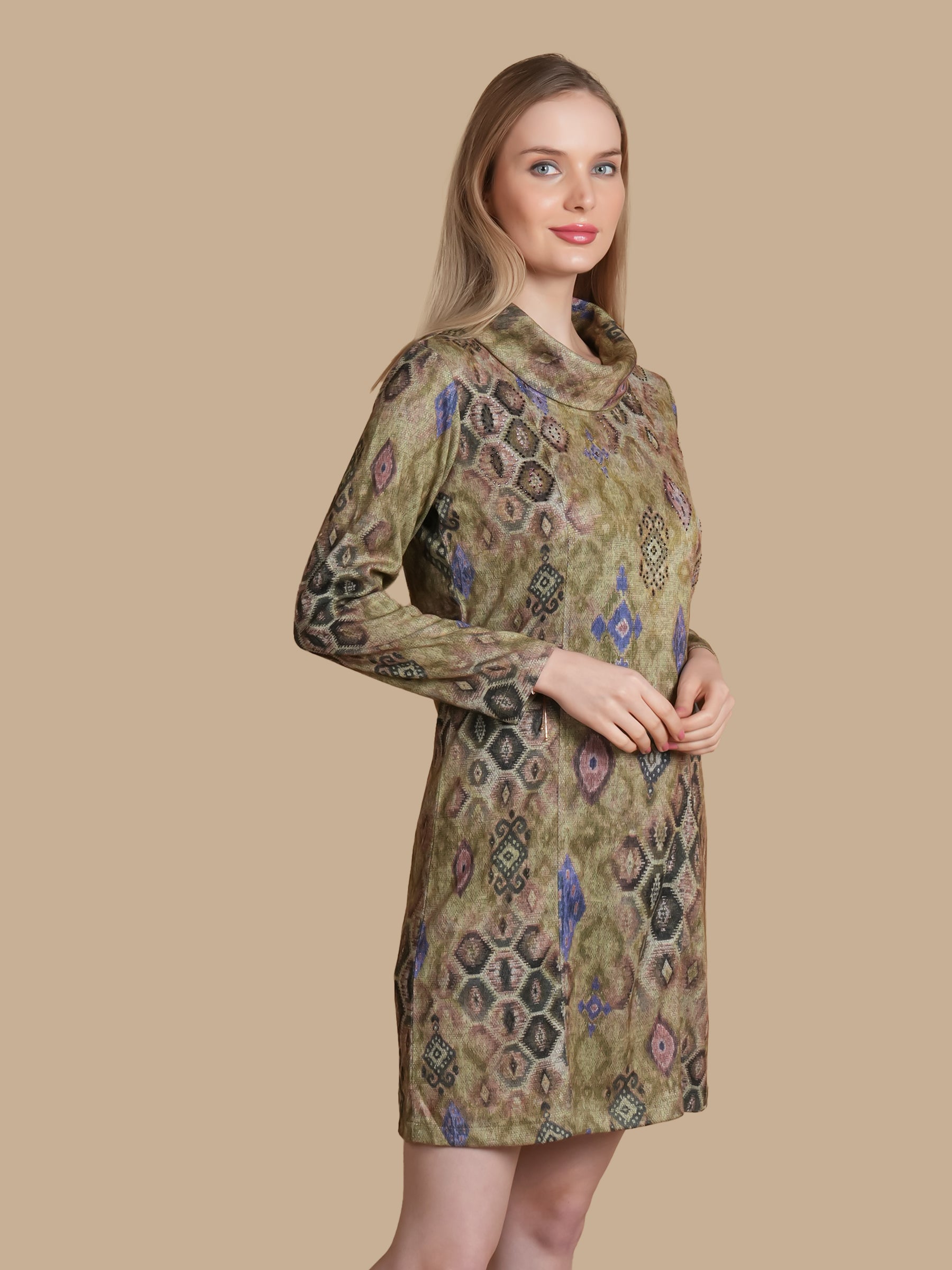 ANGORA COWL NECK SWAROSVKI BROWN DRESS