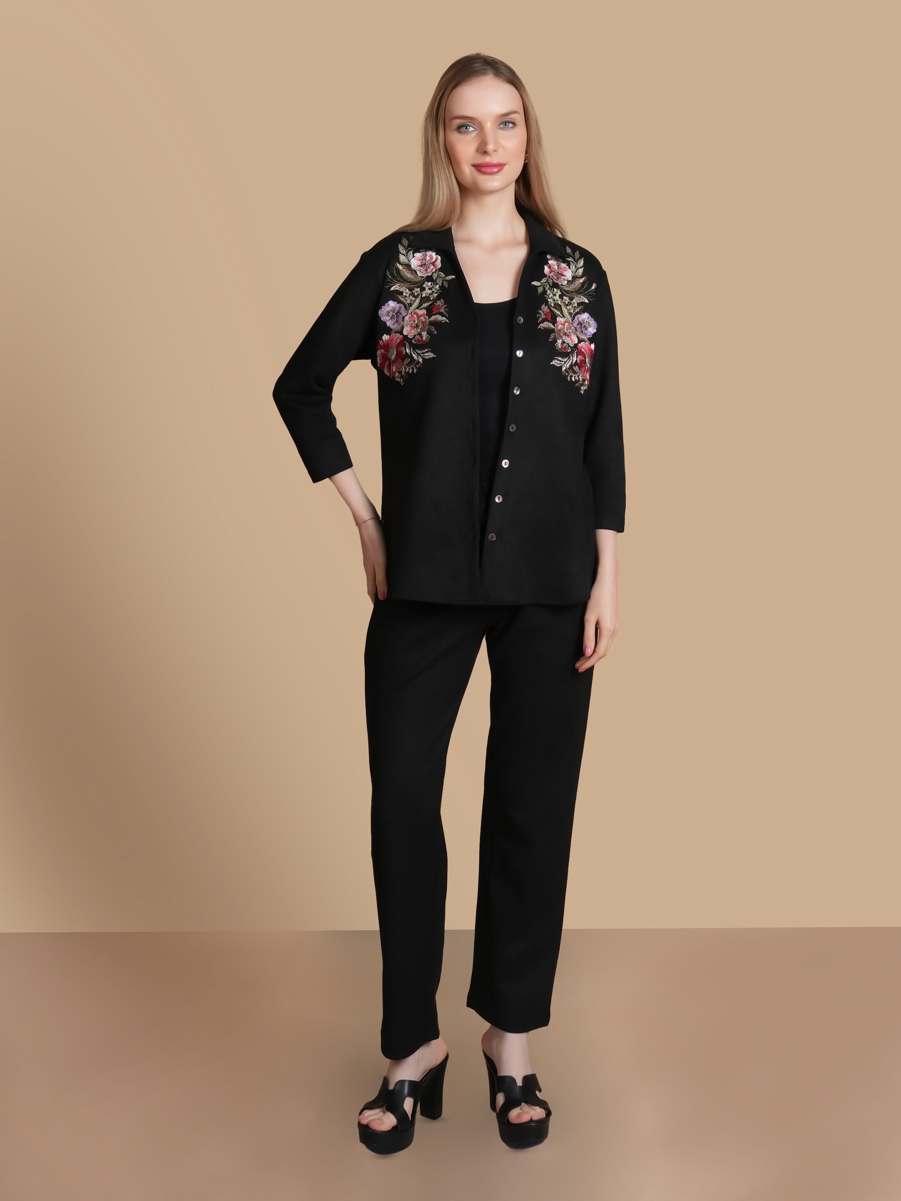 MULTI FLOWER EMBROIDERY BLACK SUEDE SHIRT