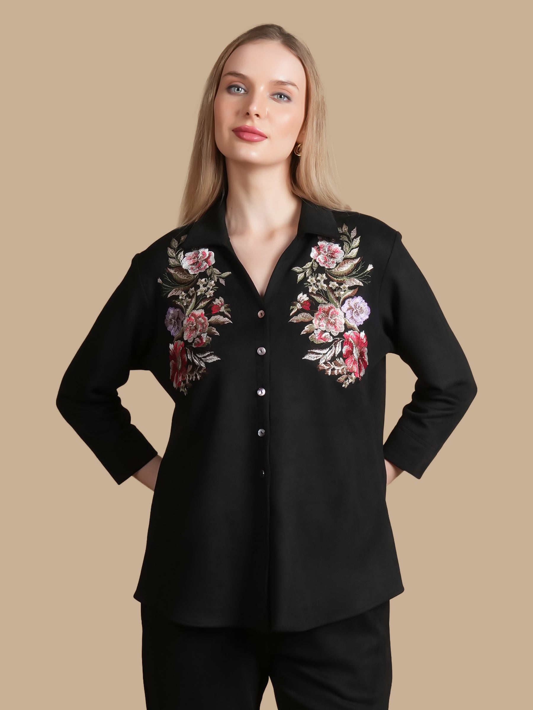 MULTI FLOWER EMBROIDERY BLACK SUEDE SHIRT