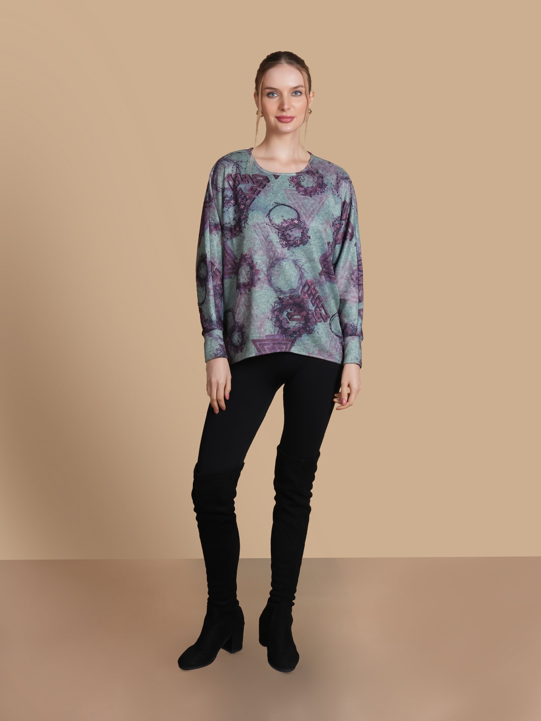 EMBELLISHED GEOMTRIC  TEAL ANGORA TOP