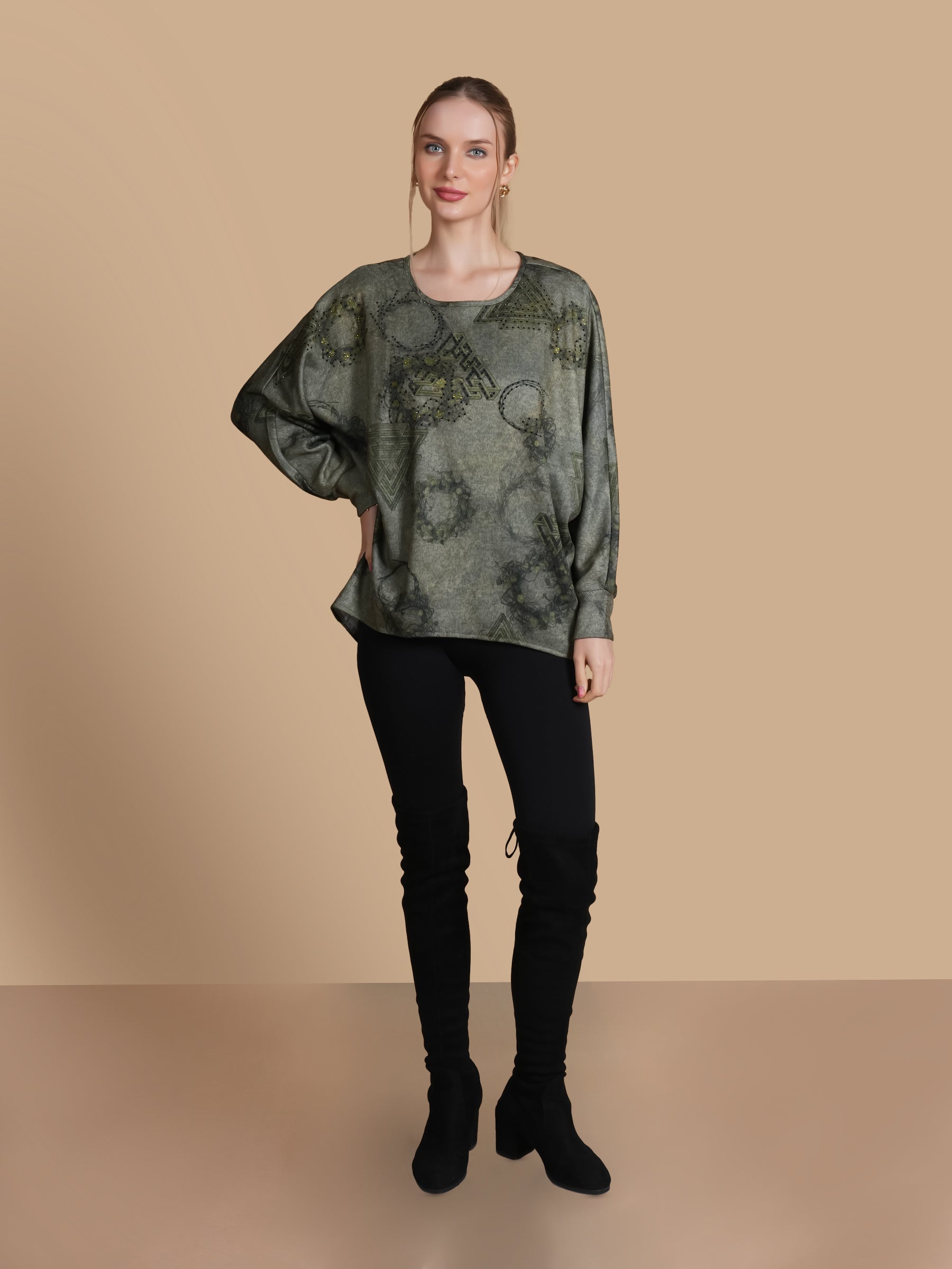 EMBELLISHED GEOMTRIC  GREEN ANGORA TOP