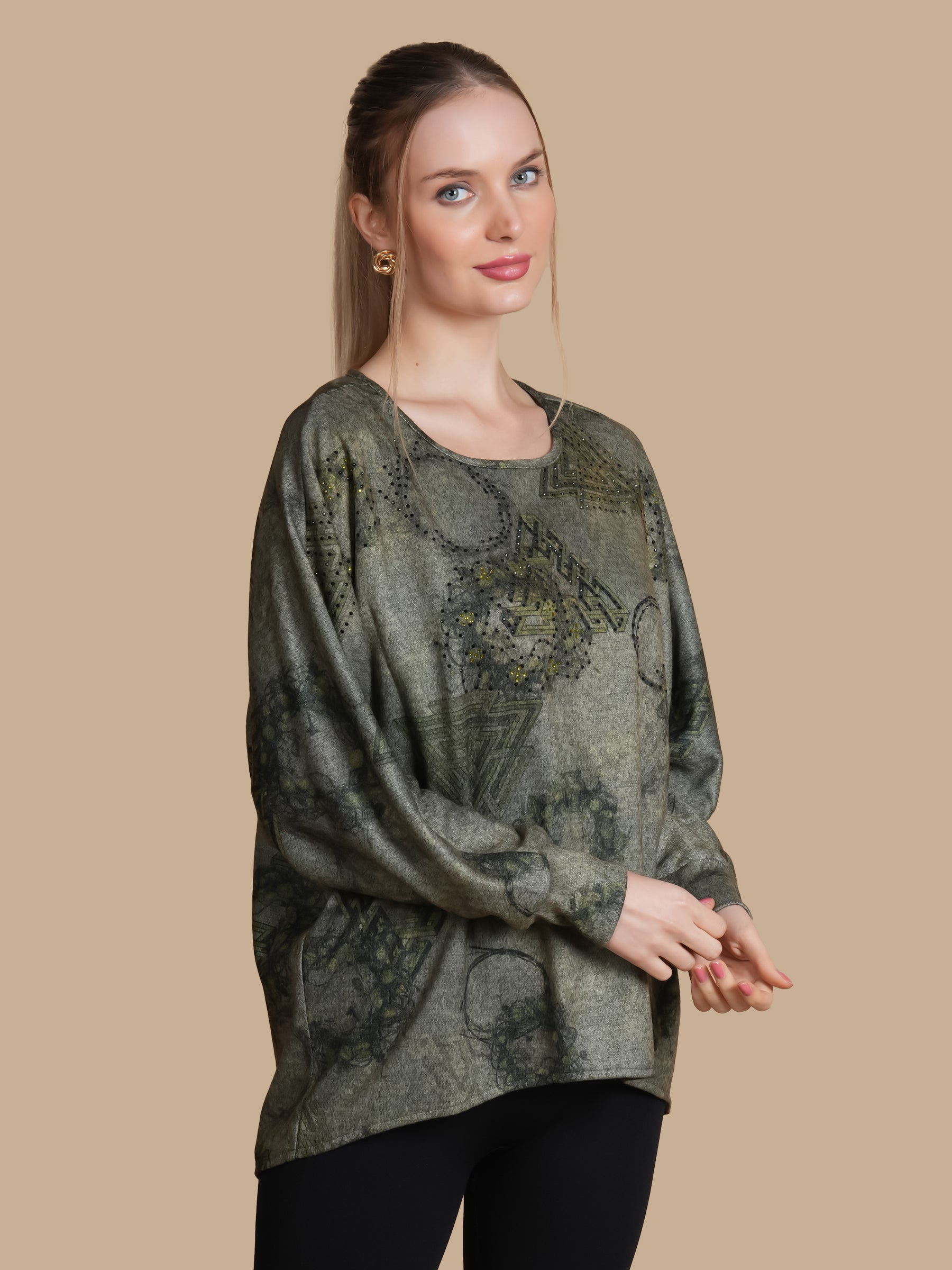 EMBELLISHED GEOMTRIC  GREEN ANGORA TOP