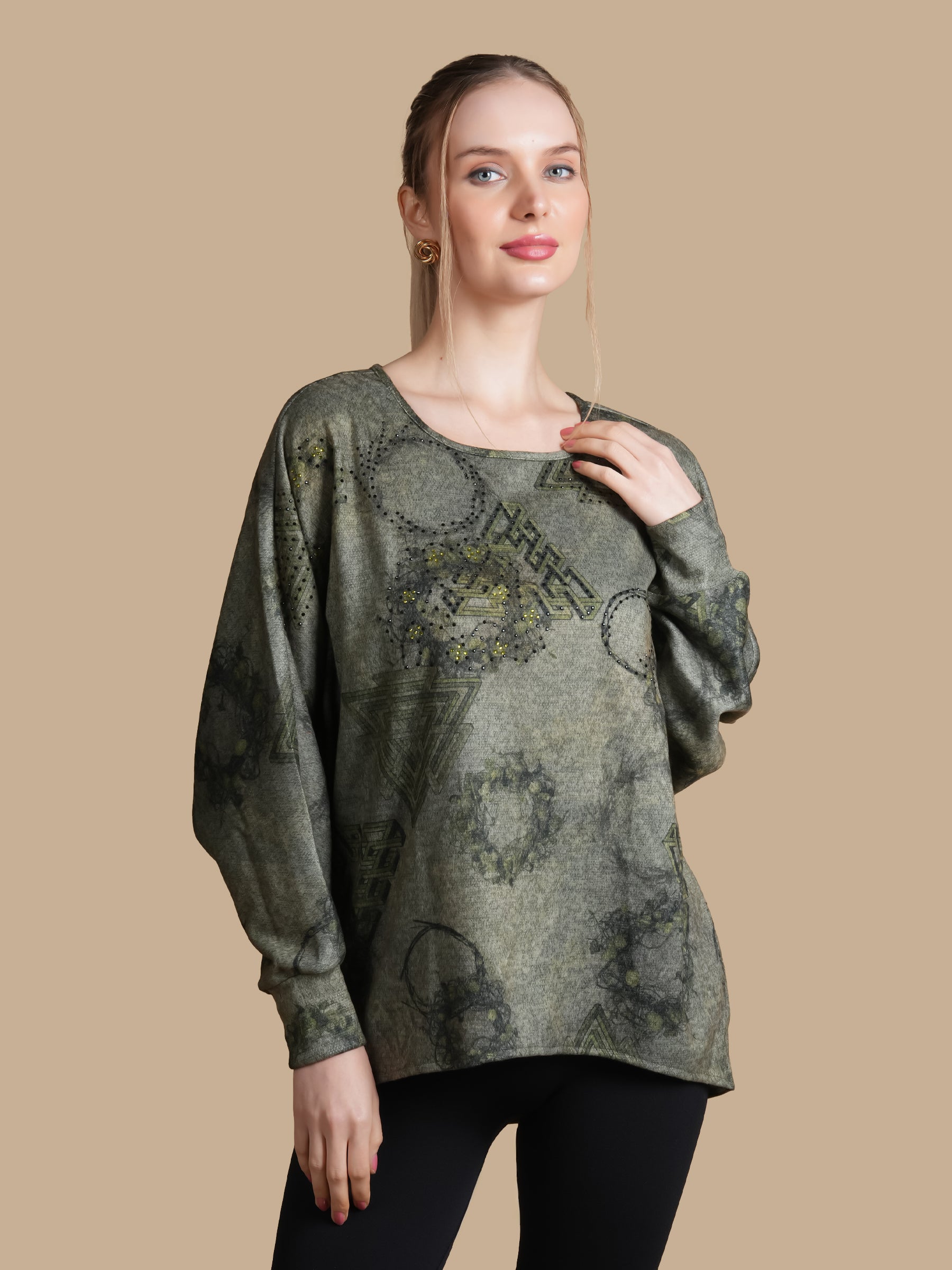 EMBELLISHED GEOMTRIC  GREEN ANGORA TOP