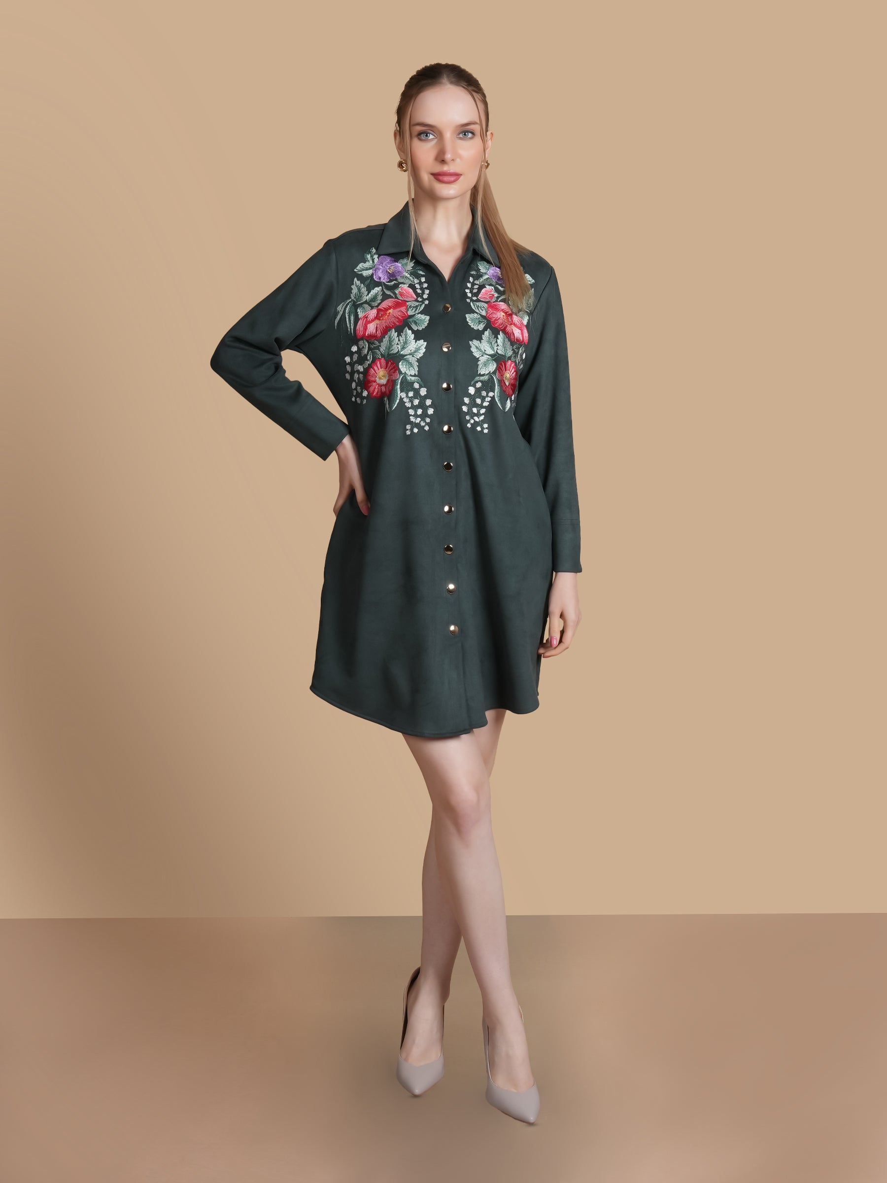 GREEN MEADOW EMBROIDERED SHIRT DRESS