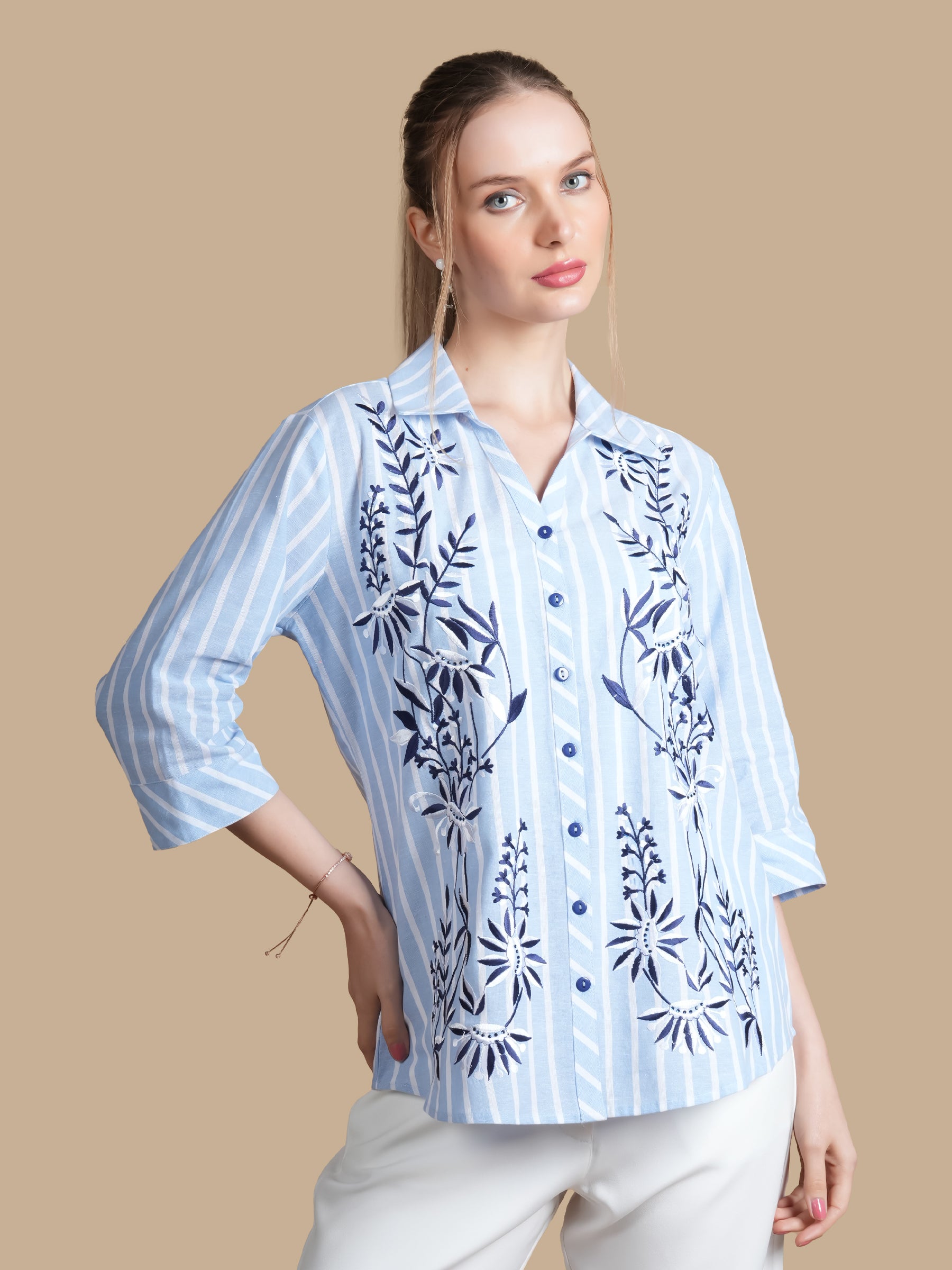 EMBROIDERED COTTON  LINEN STRIPE SHIRT