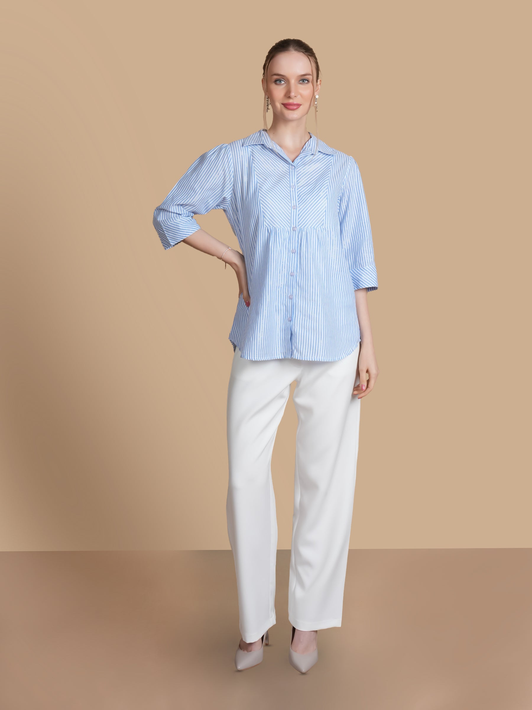 FRONT YOKE AQUA STRIP  COTTON SHIRT