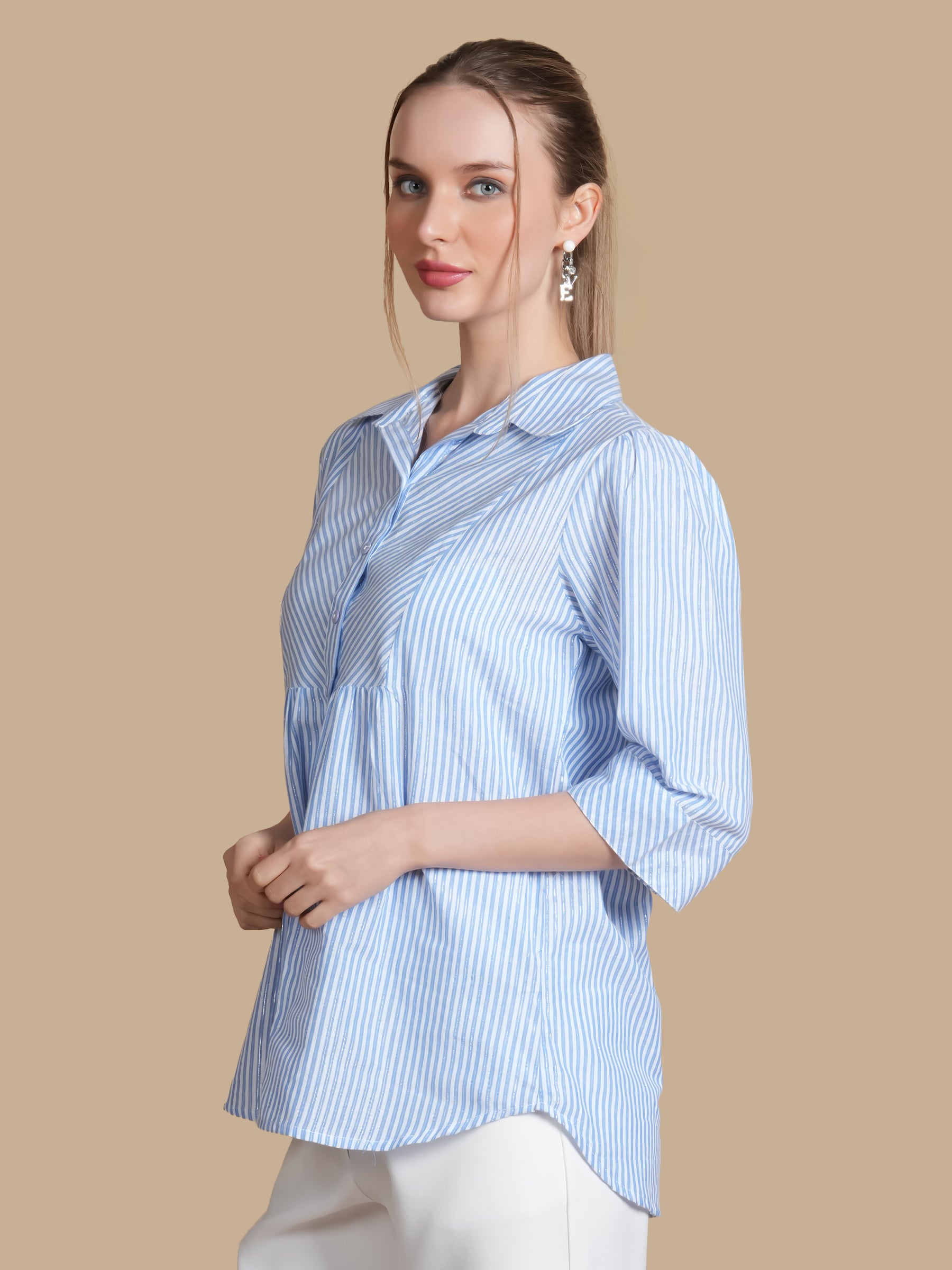 FRONT YOKE AQUA STRIP  COTTON SHIRT