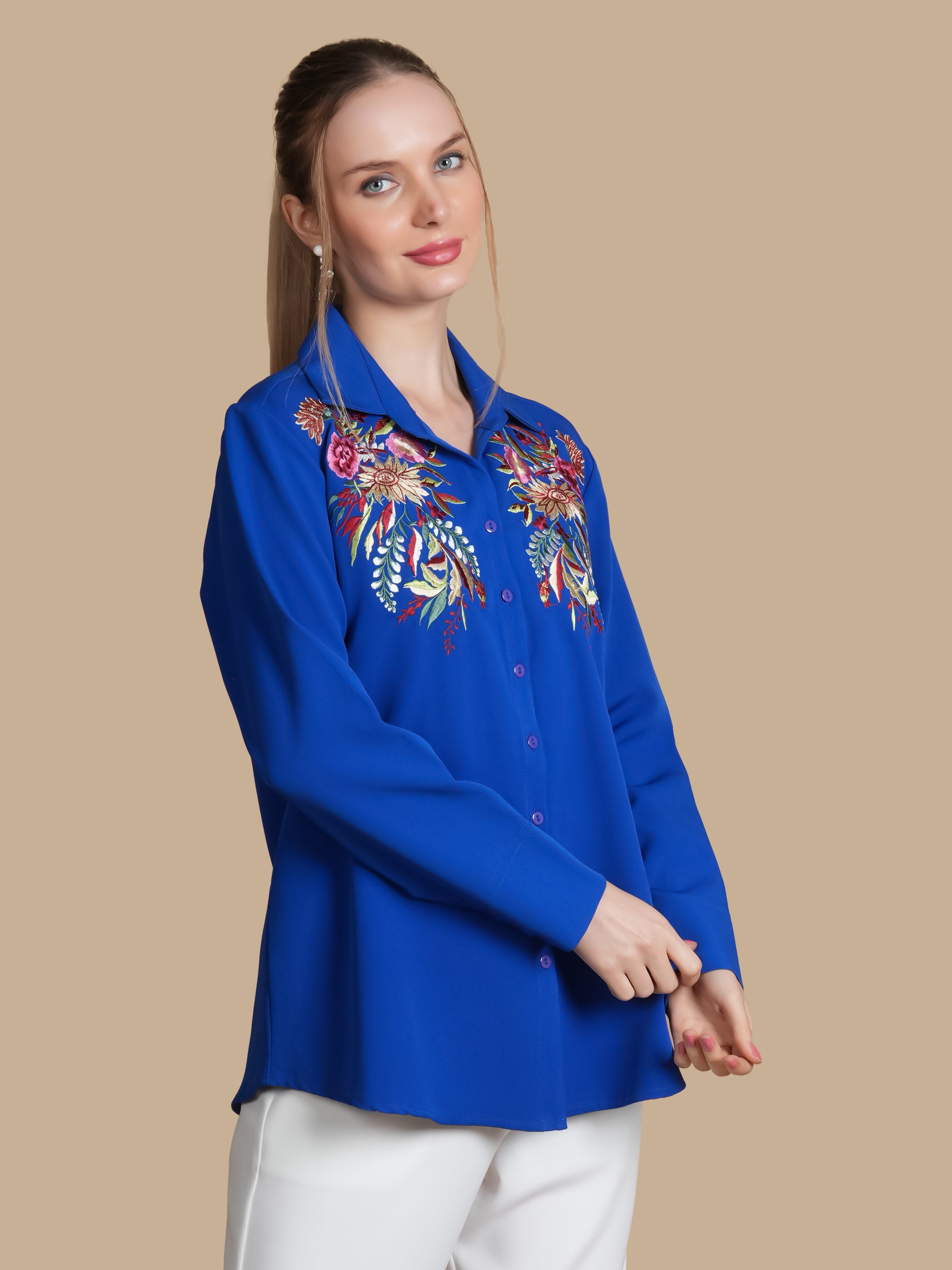 FLORAL EMBROIDERY  ROYAL BLUE SHIRT