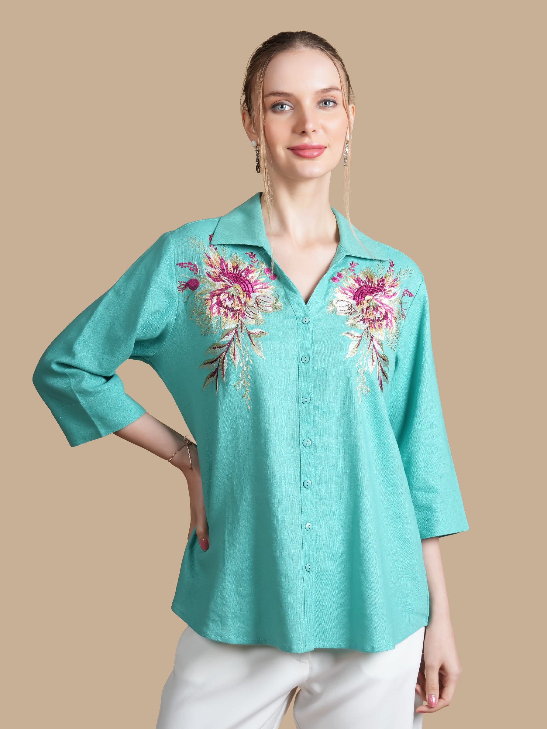 LINEN BLOSSOM  EMBROIDERED MINT SHIRT