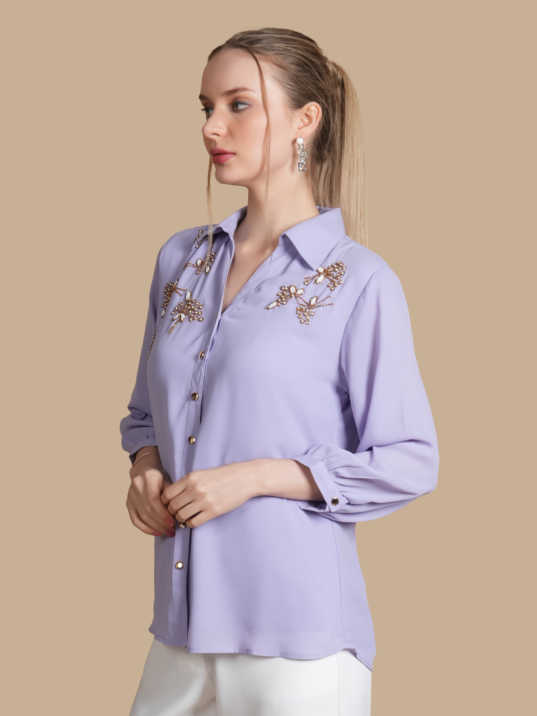 WHITE AND GOLD  EMBELLISHED SHIRT