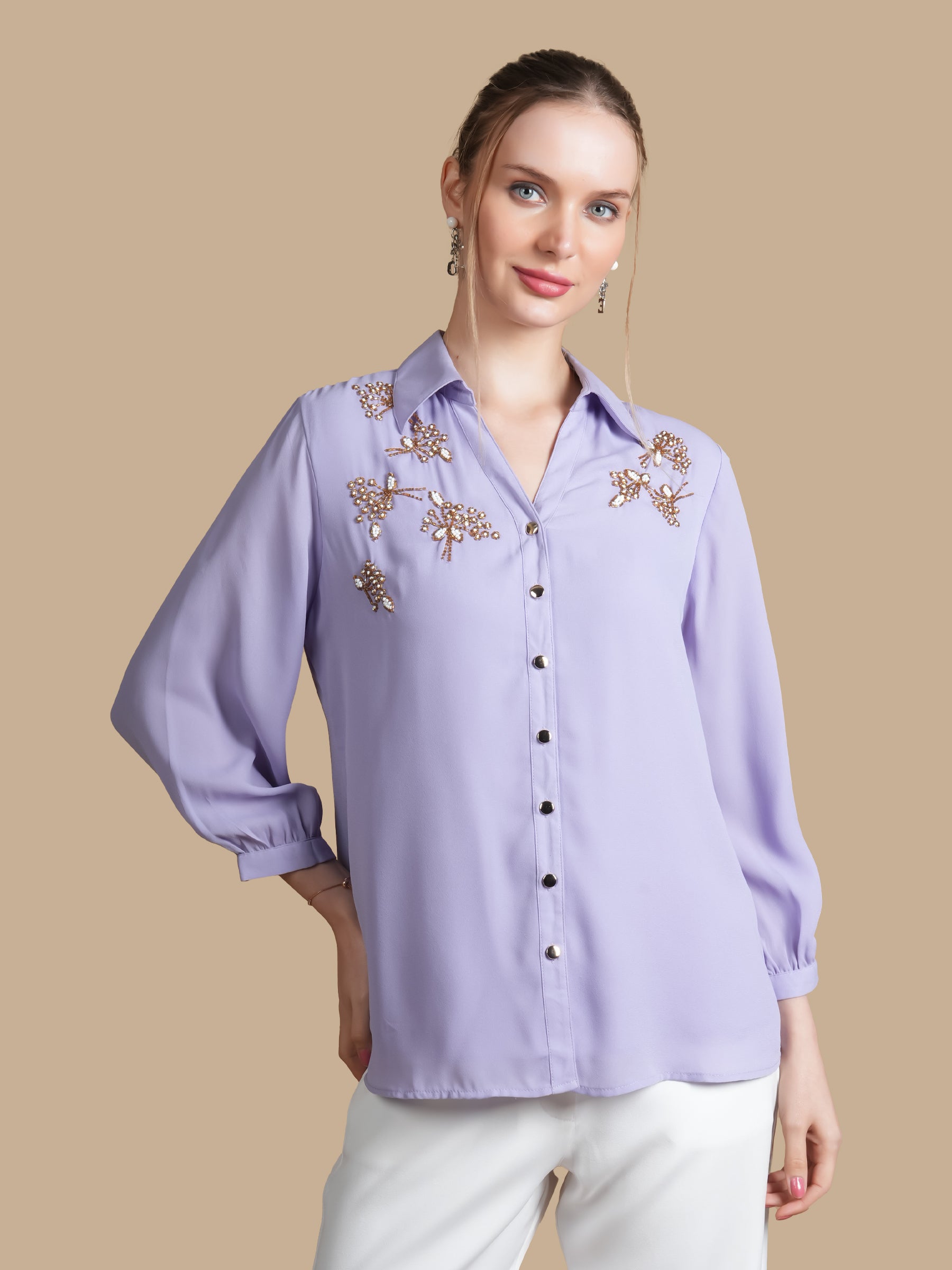 WHITE AND GOLD  EMBELLISHED SHIRT