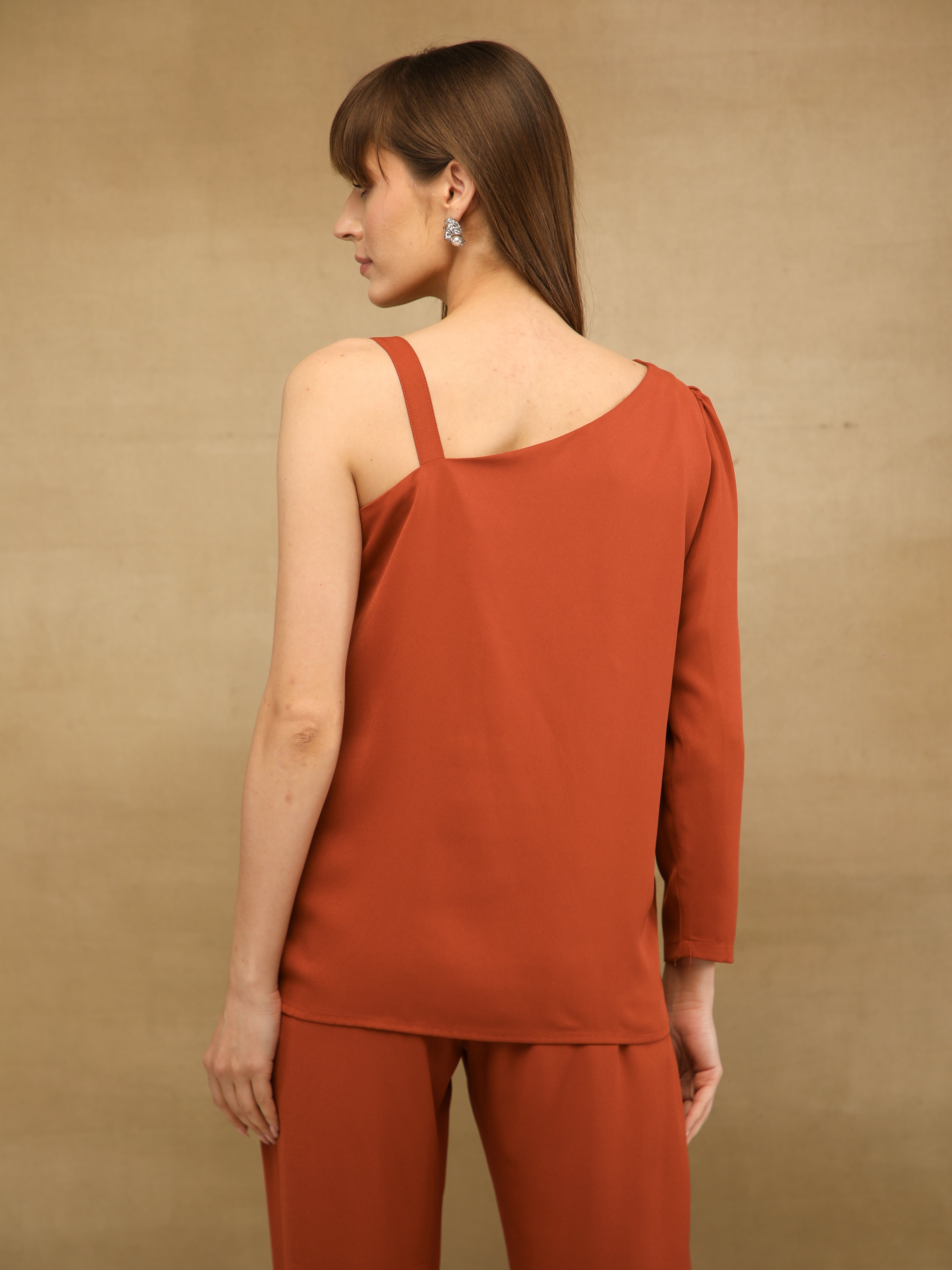 One-Sleeve Embellished Rust Co-ord Set