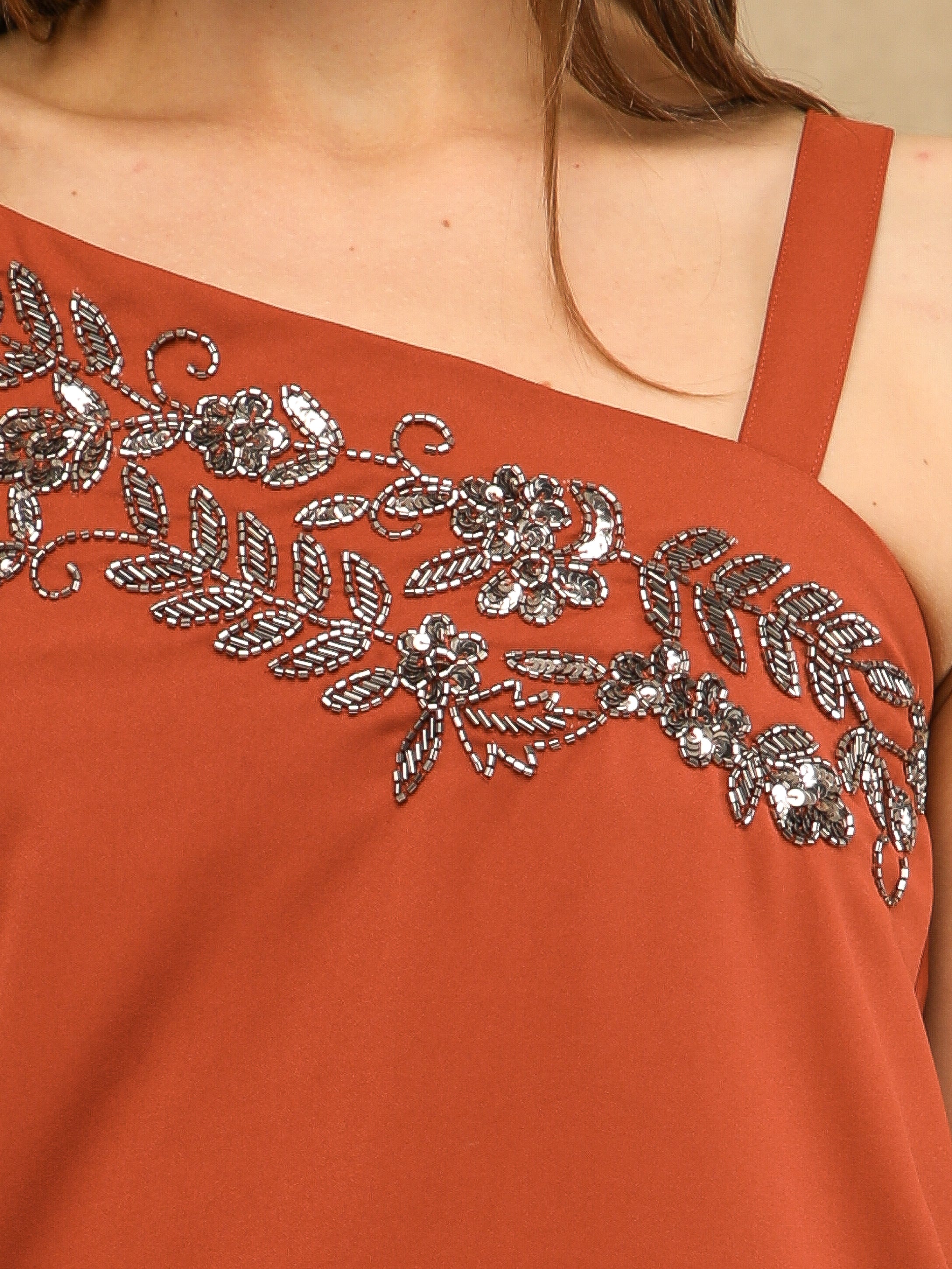 One-Sleeve Embellished Rust Co-ord Set