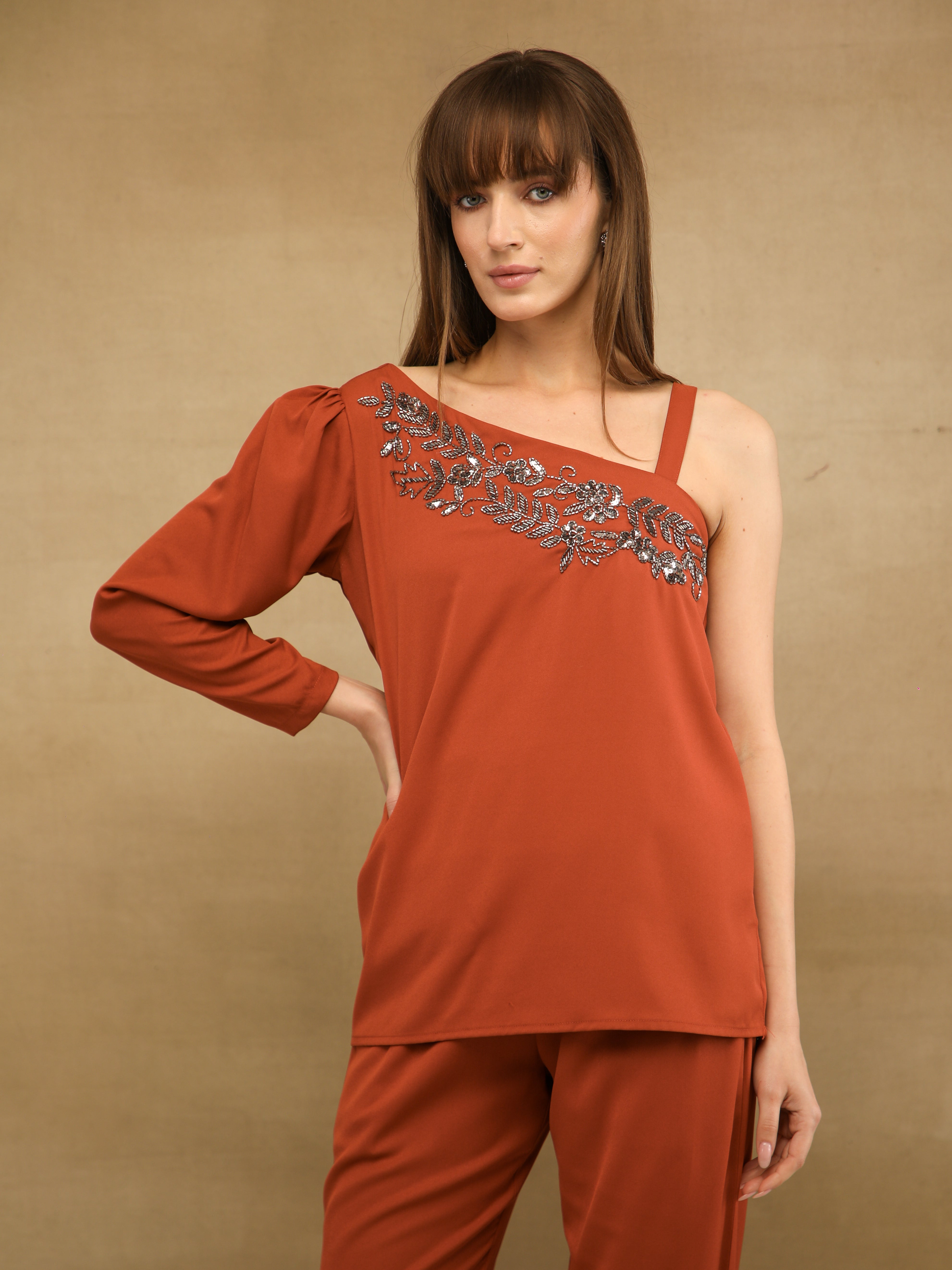 One-Sleeve Embellished Rust Co-ord Set