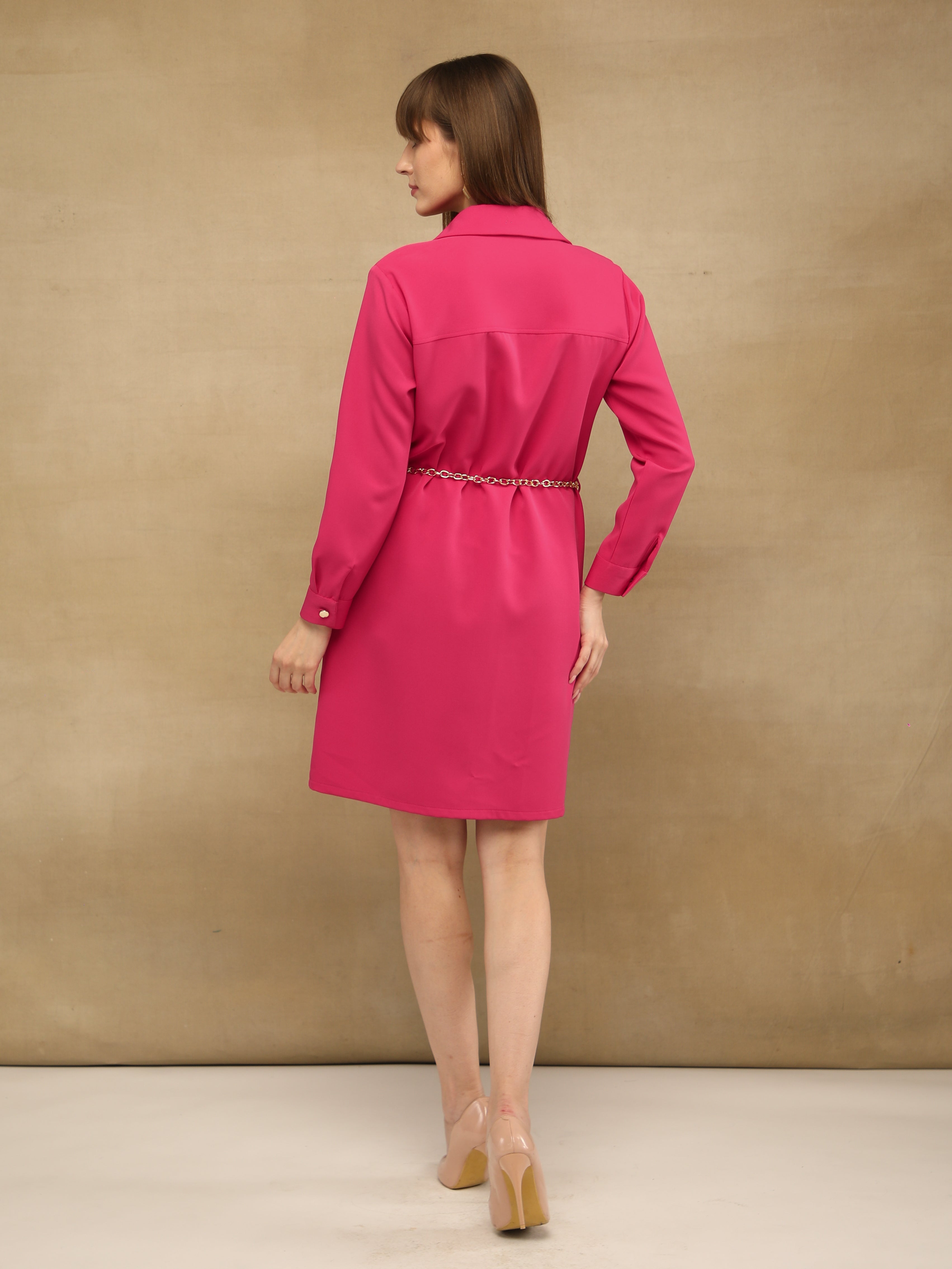 Sequins Collar Fuchsia Shirt Dress