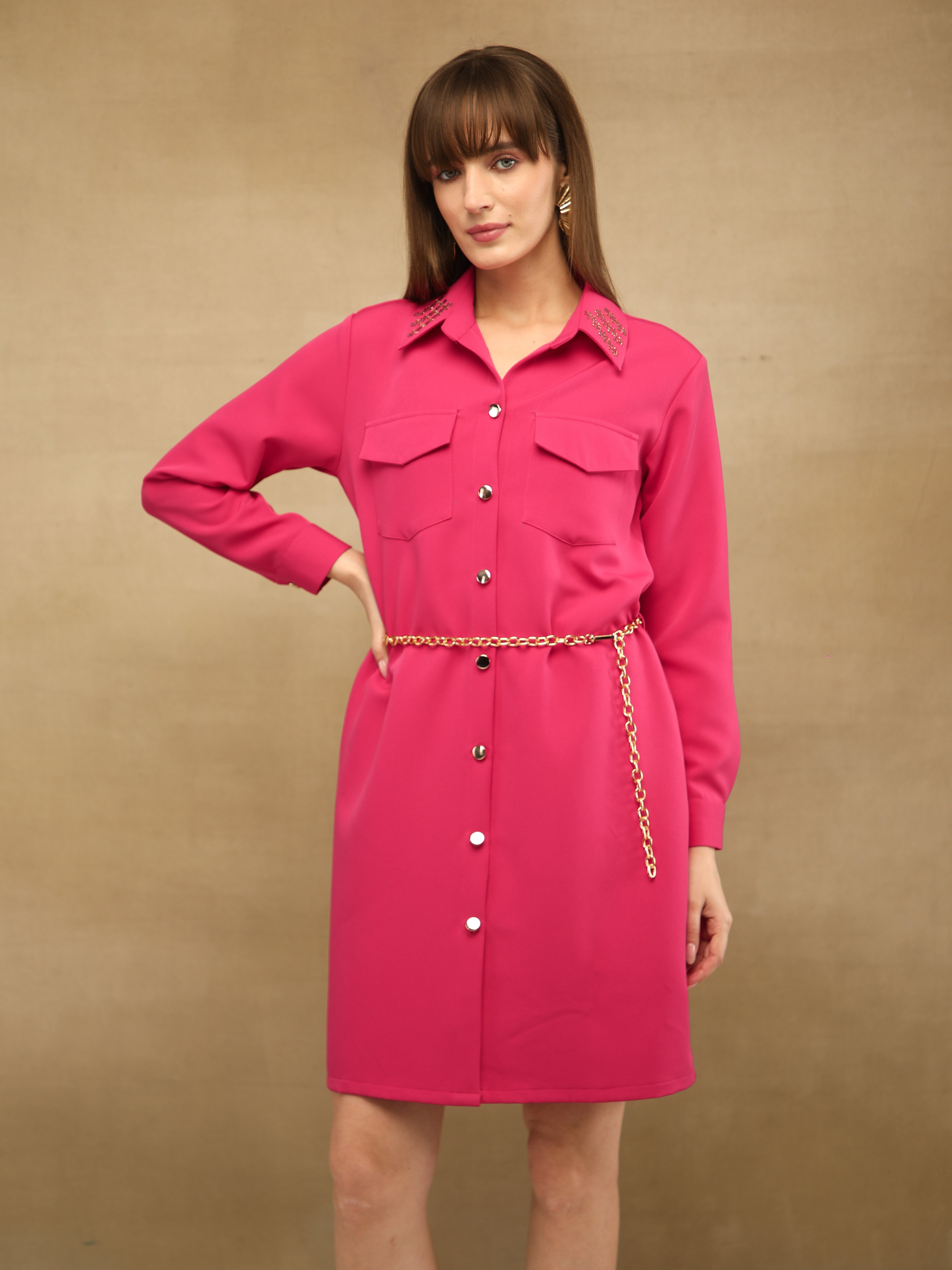 Sequins Collar Fuchsia Shirt Dress