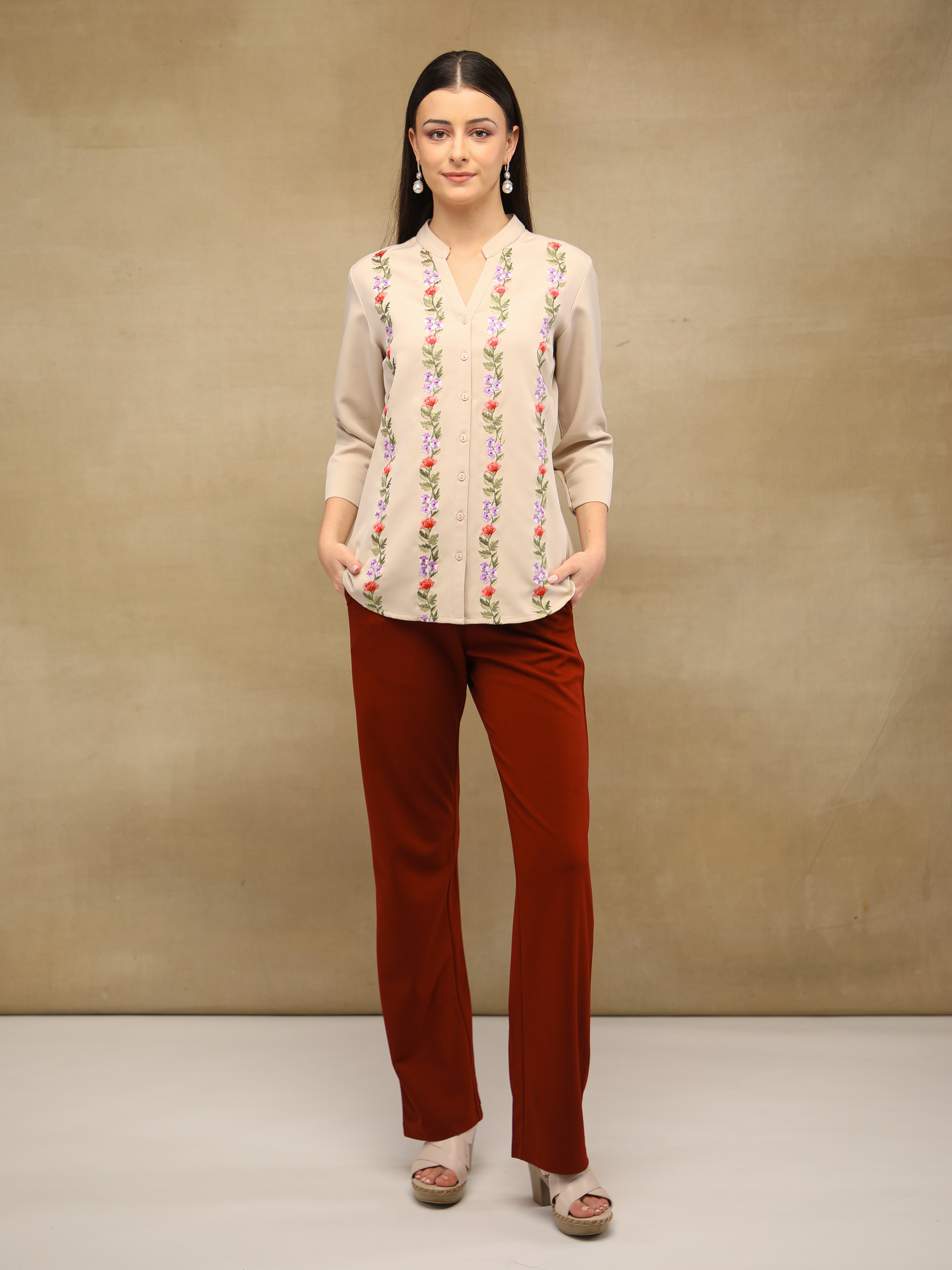 Panelled Embroidery Beige Shirt