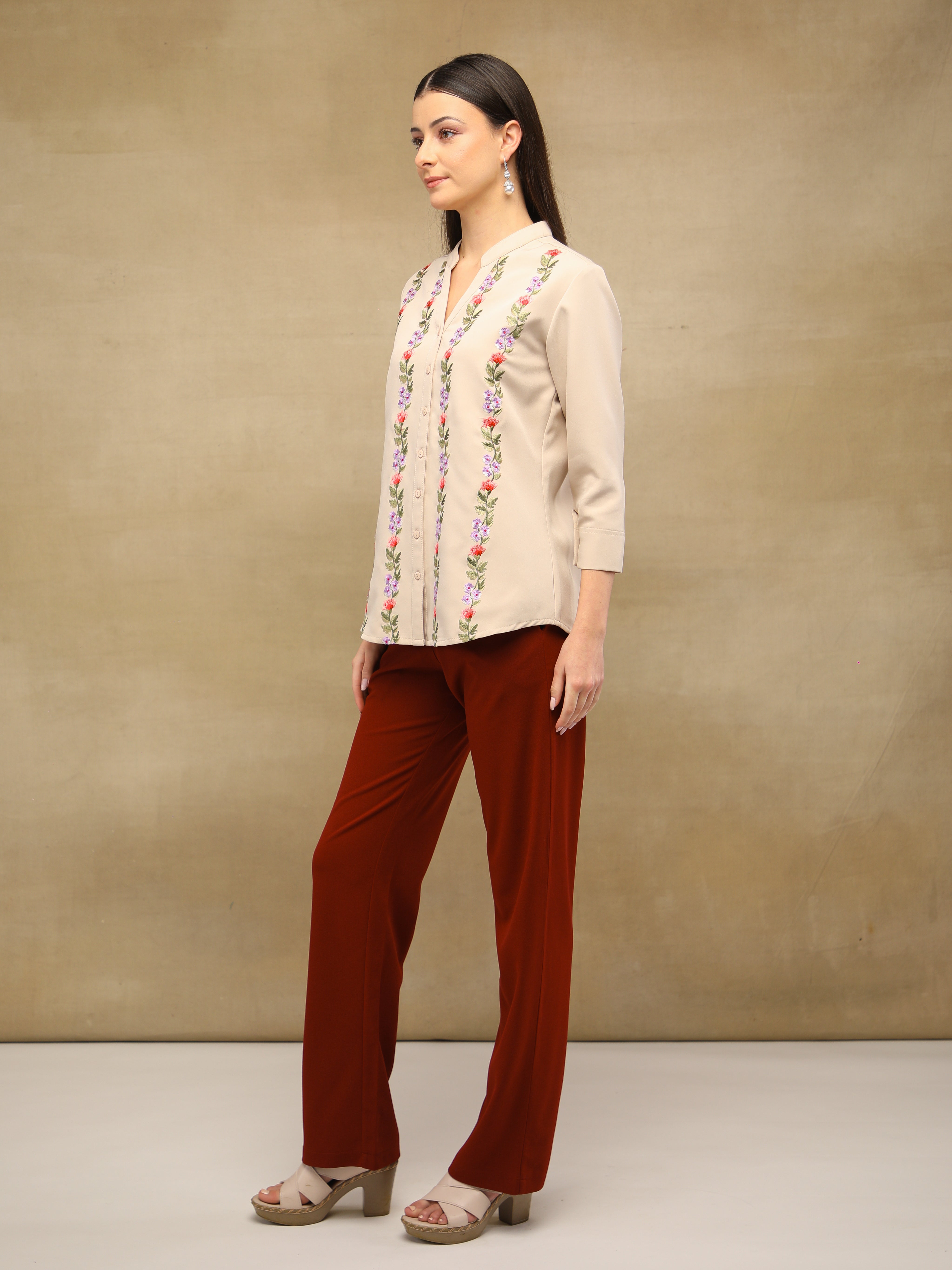 Panelled Embroidery Beige Shirt