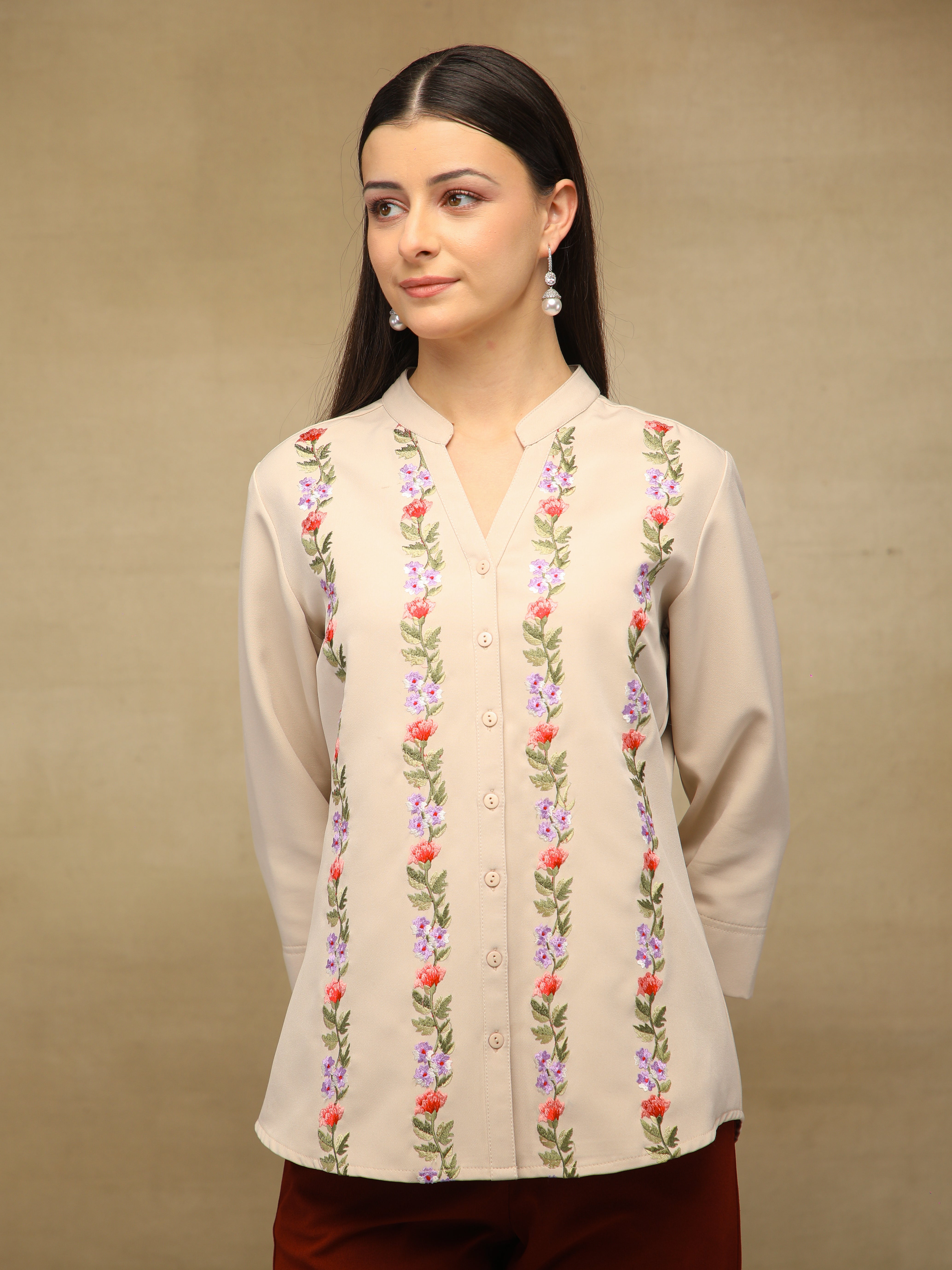 Panelled Embroidery Beige Shirt