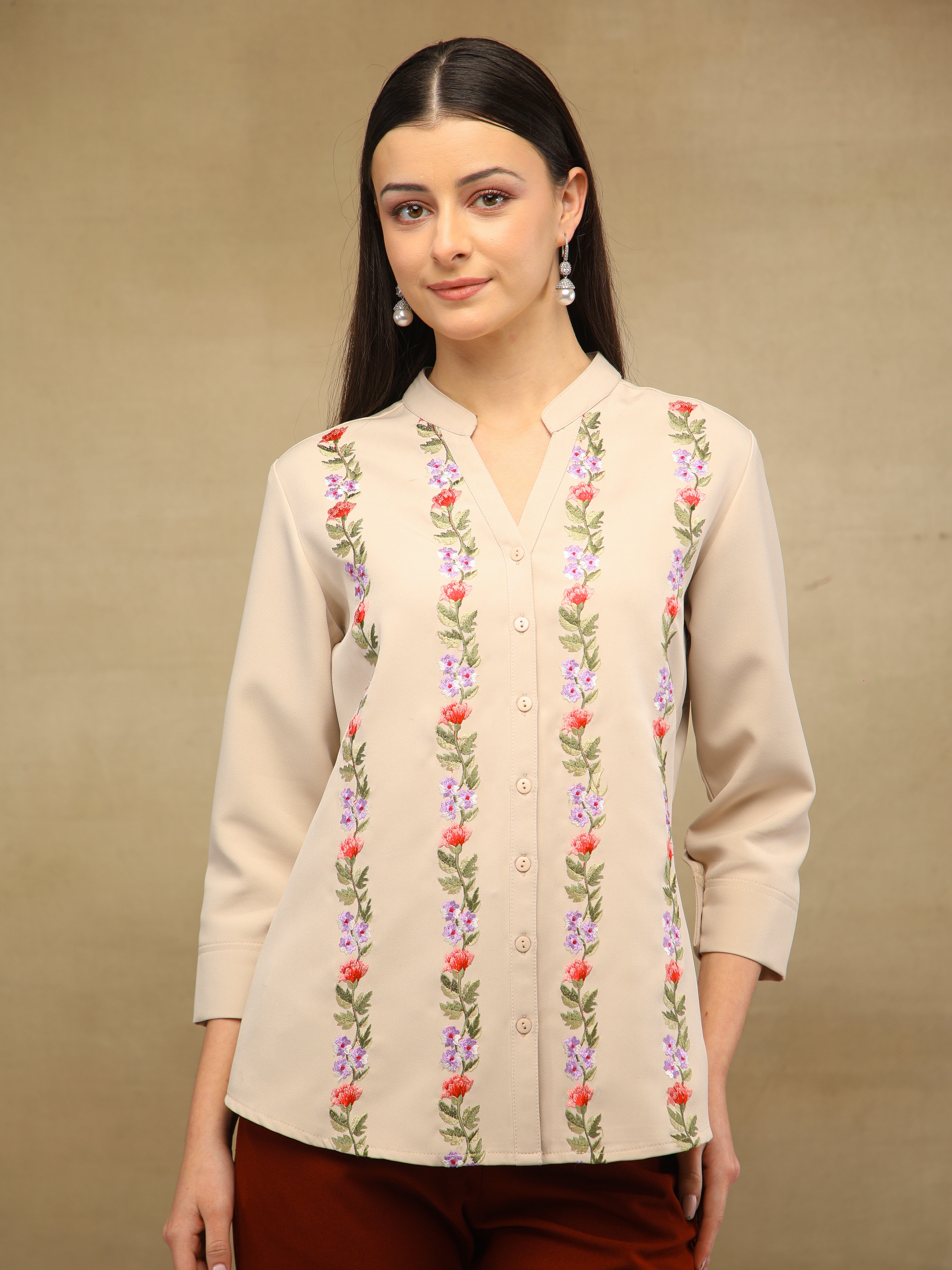 Panelled Embroidery Beige Shirt