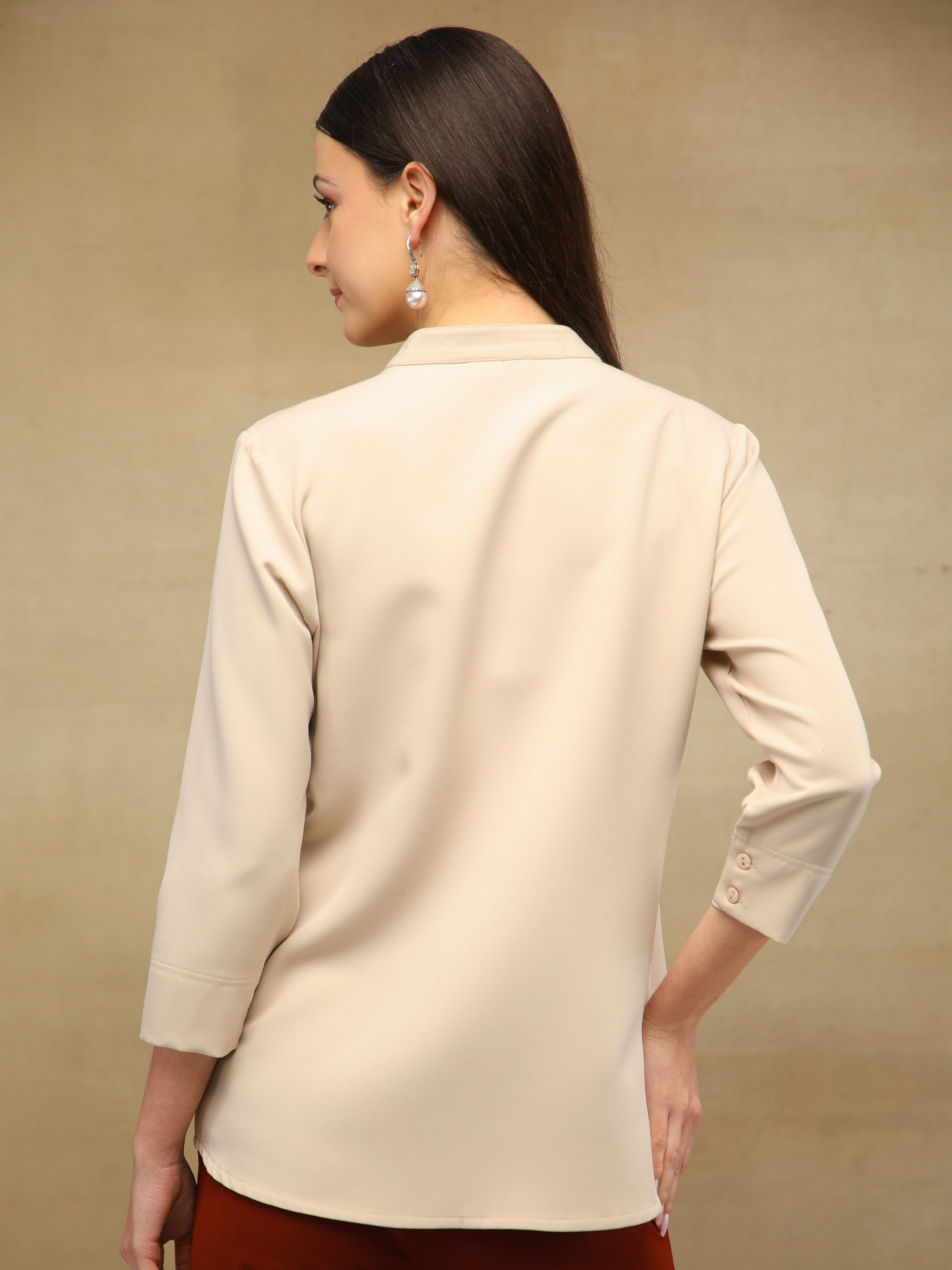 Panelled Embroidery Beige Shirt