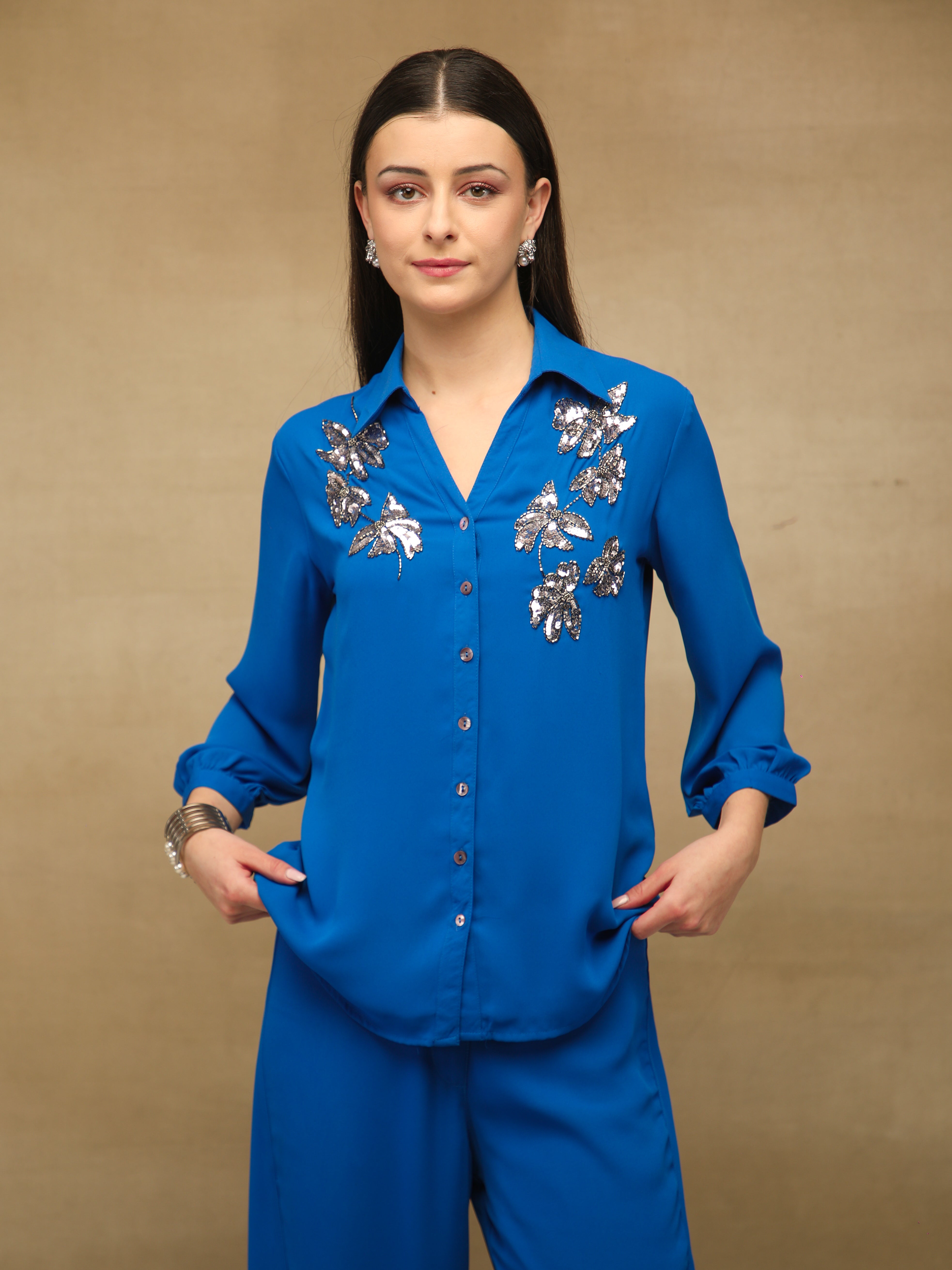 Butterfly Sequins Royal Blue Shirt