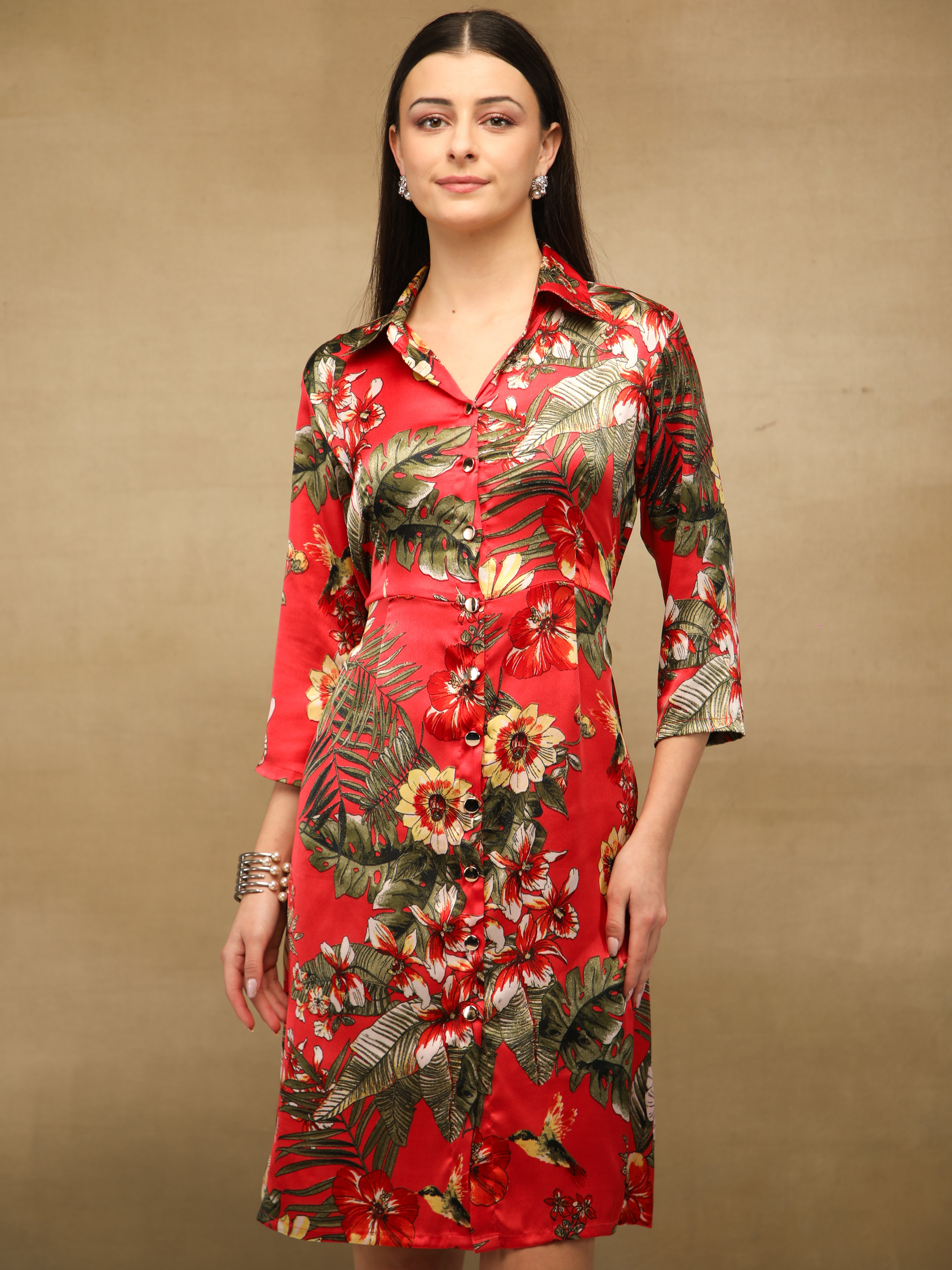 Palm Breeze Red Midi Satin Dress