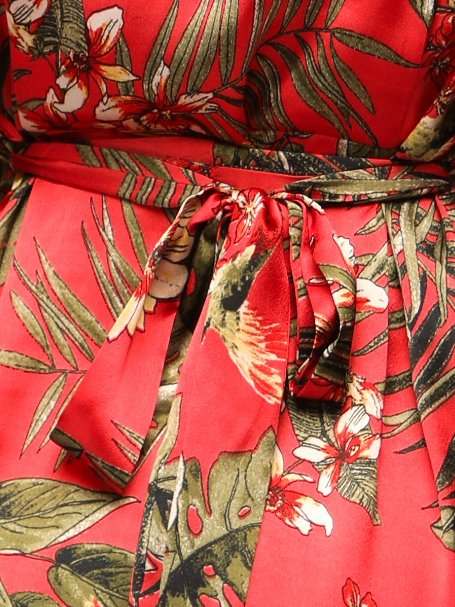 Palm Breeze Red Midi Satin Dress