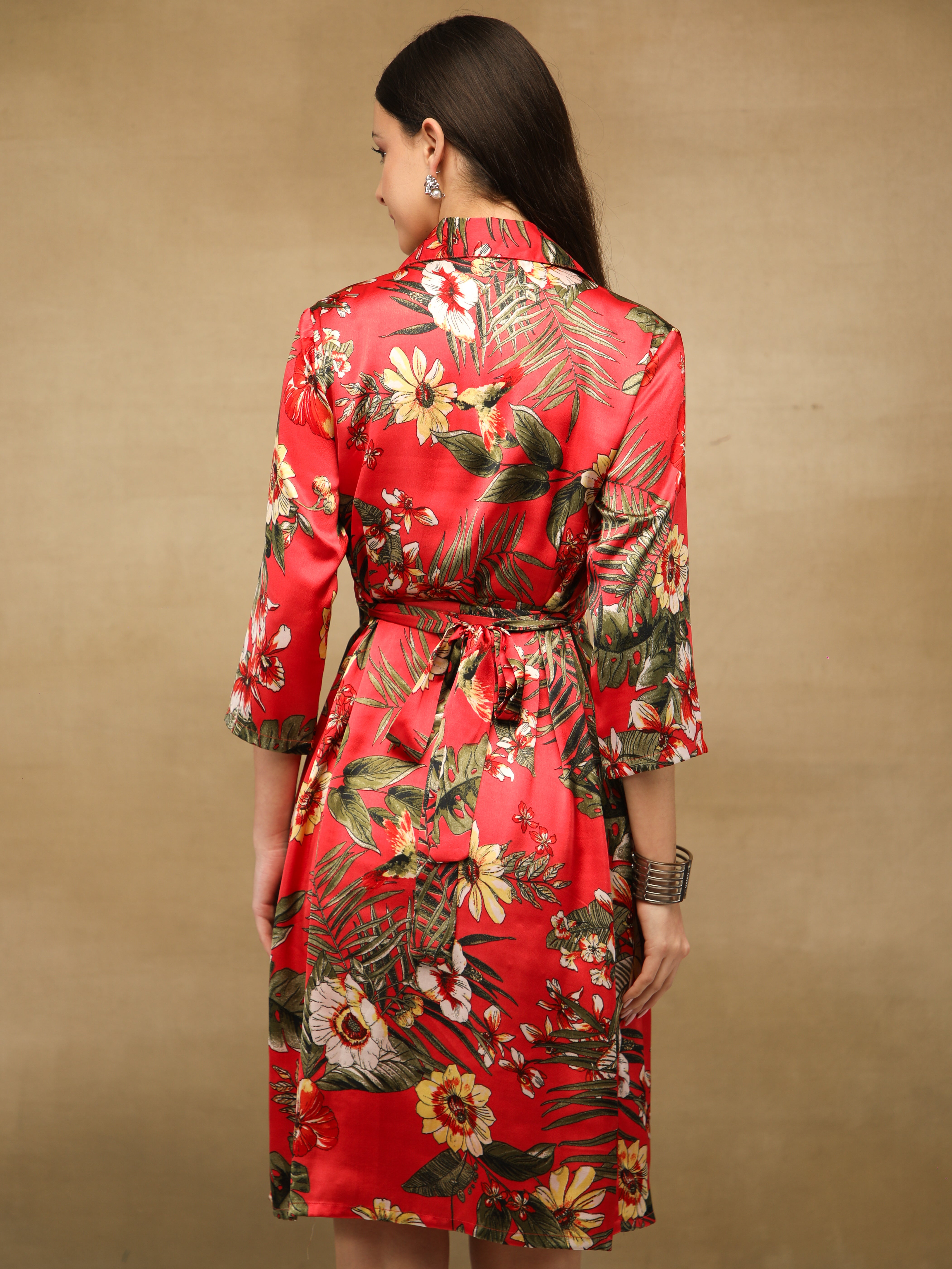 Palm Breeze Red Midi Satin Dress
