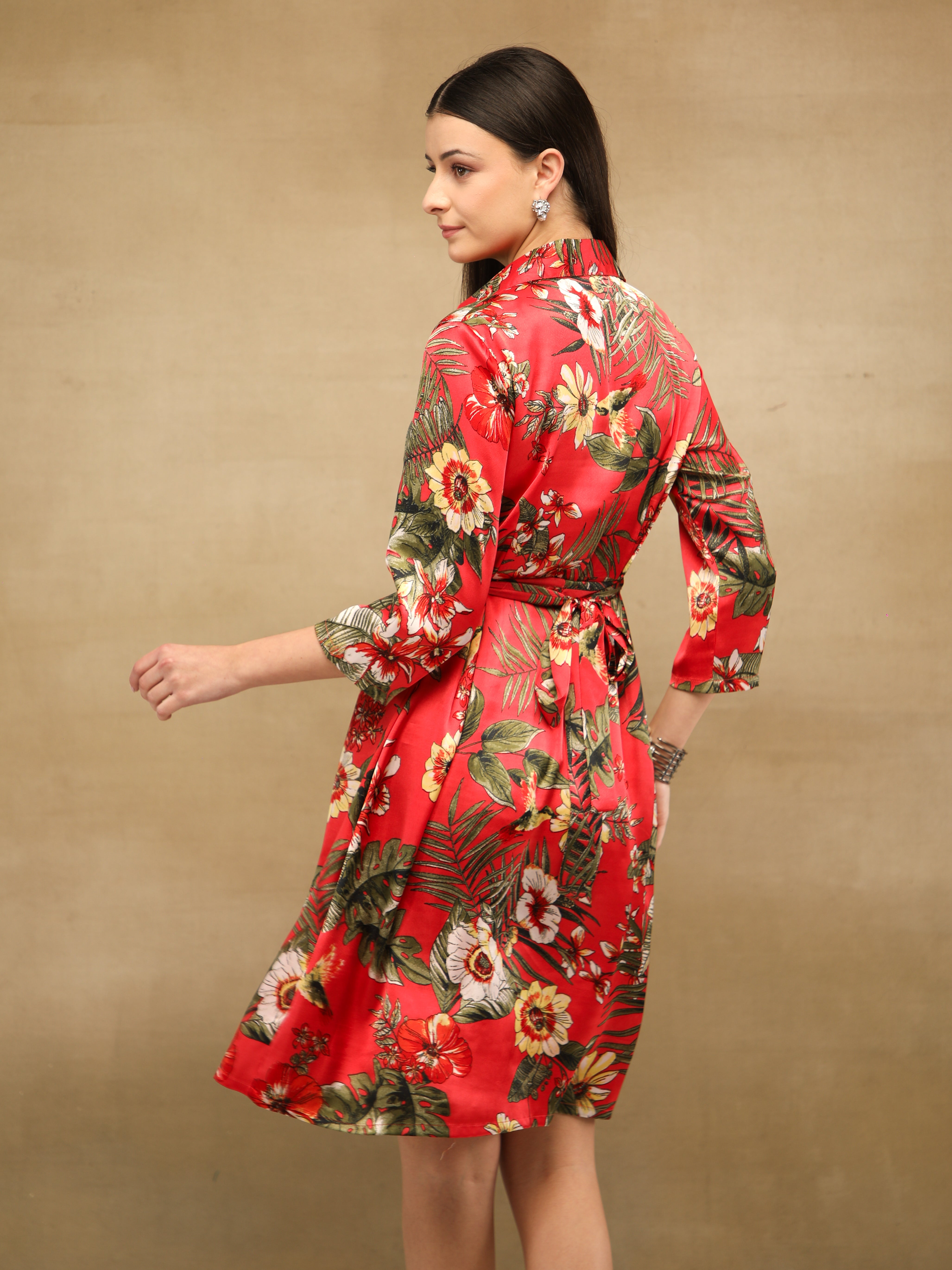 Palm Breeze Red Midi Satin Dress