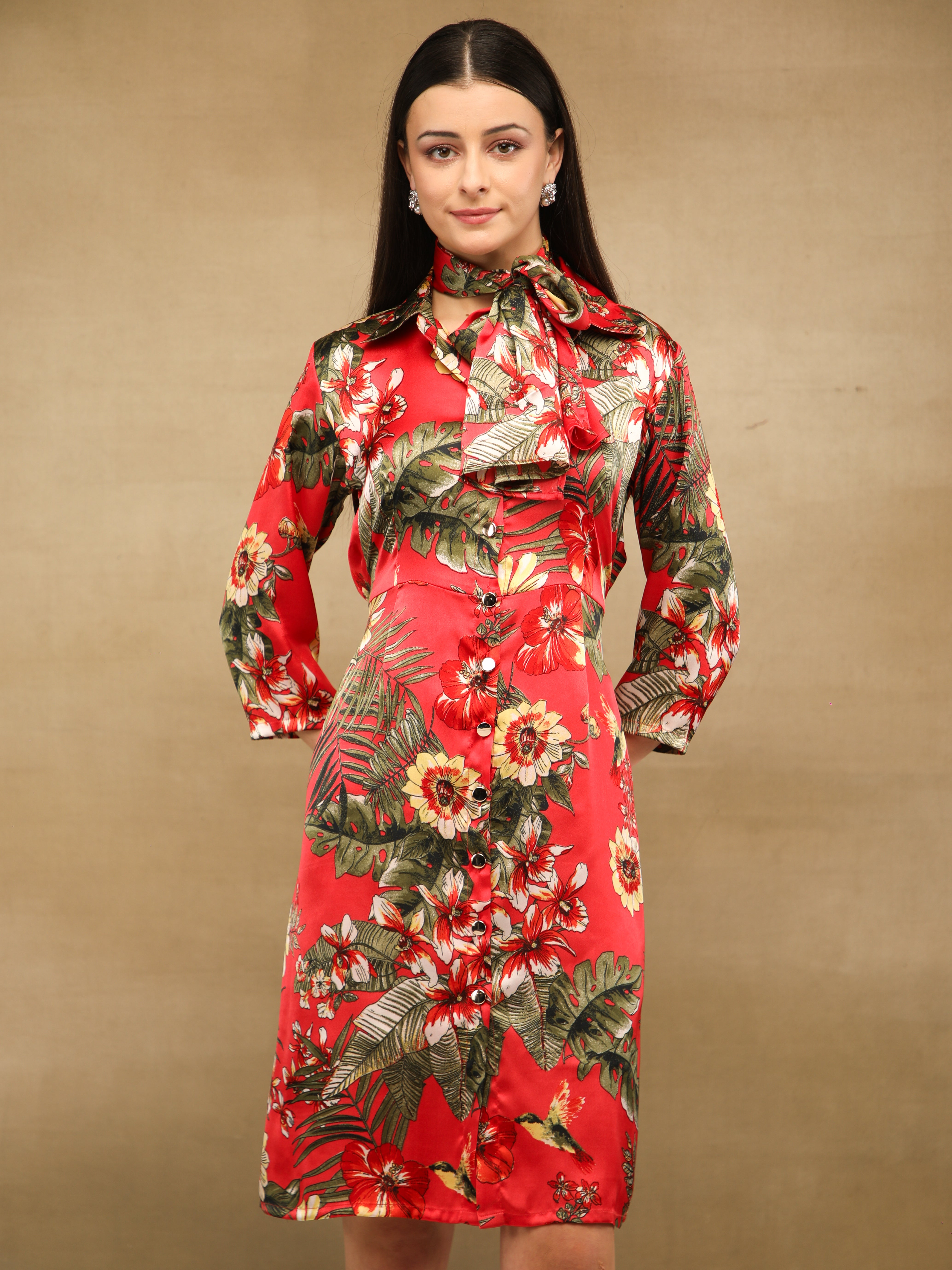Palm Breeze Red Midi Satin Dress