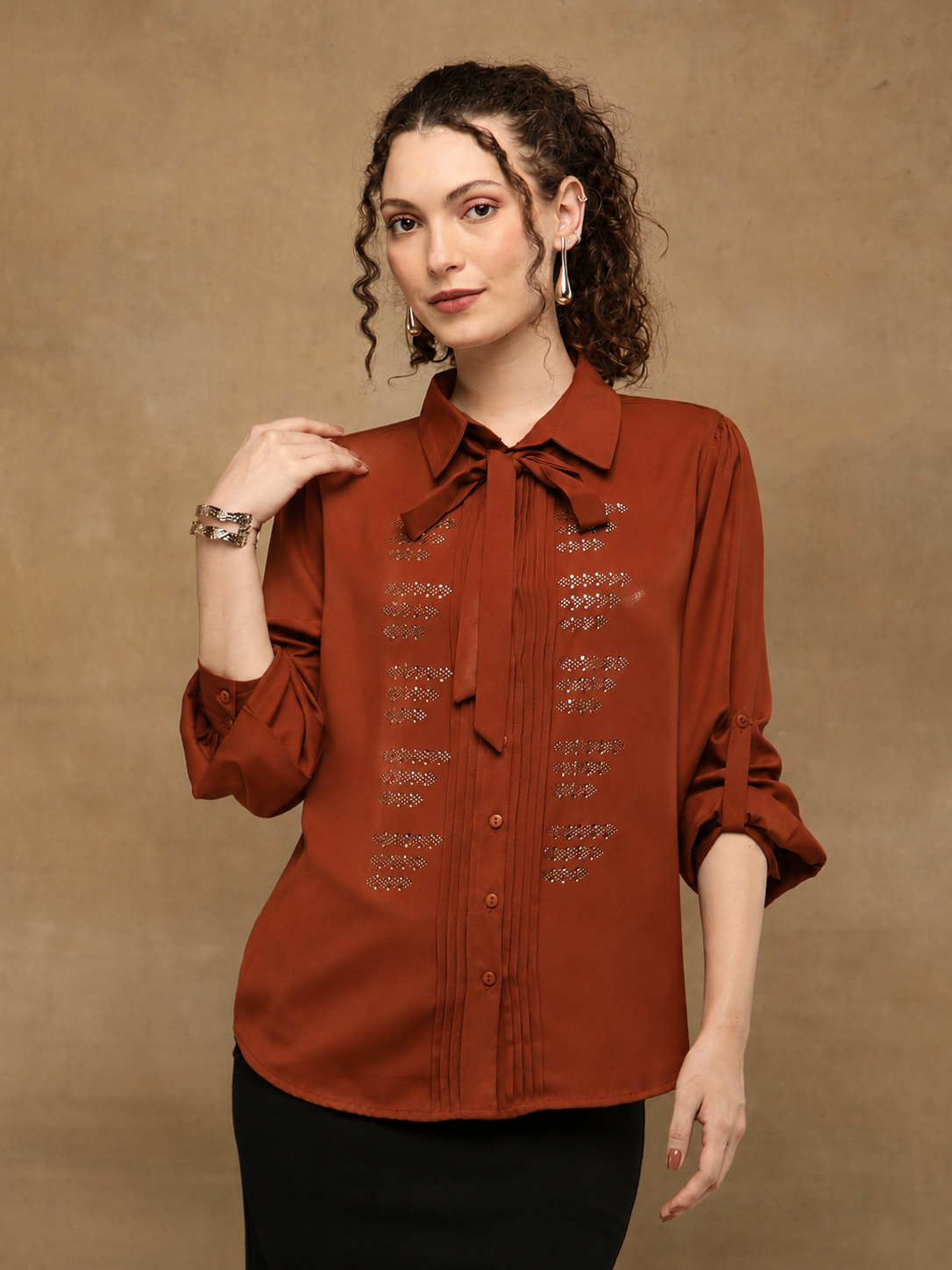 Sienna Brown Linear Crystal Tie-up Shirt (Copy)