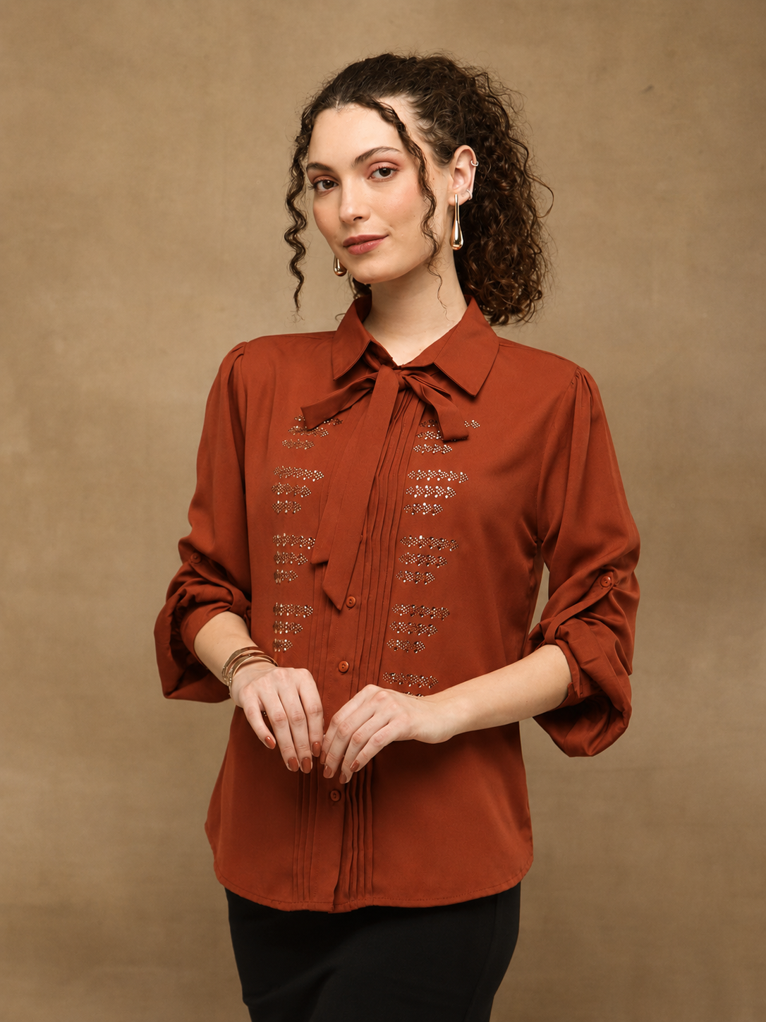 Sienna Brown Linear Crystal Tie-up Shirt (Copy)