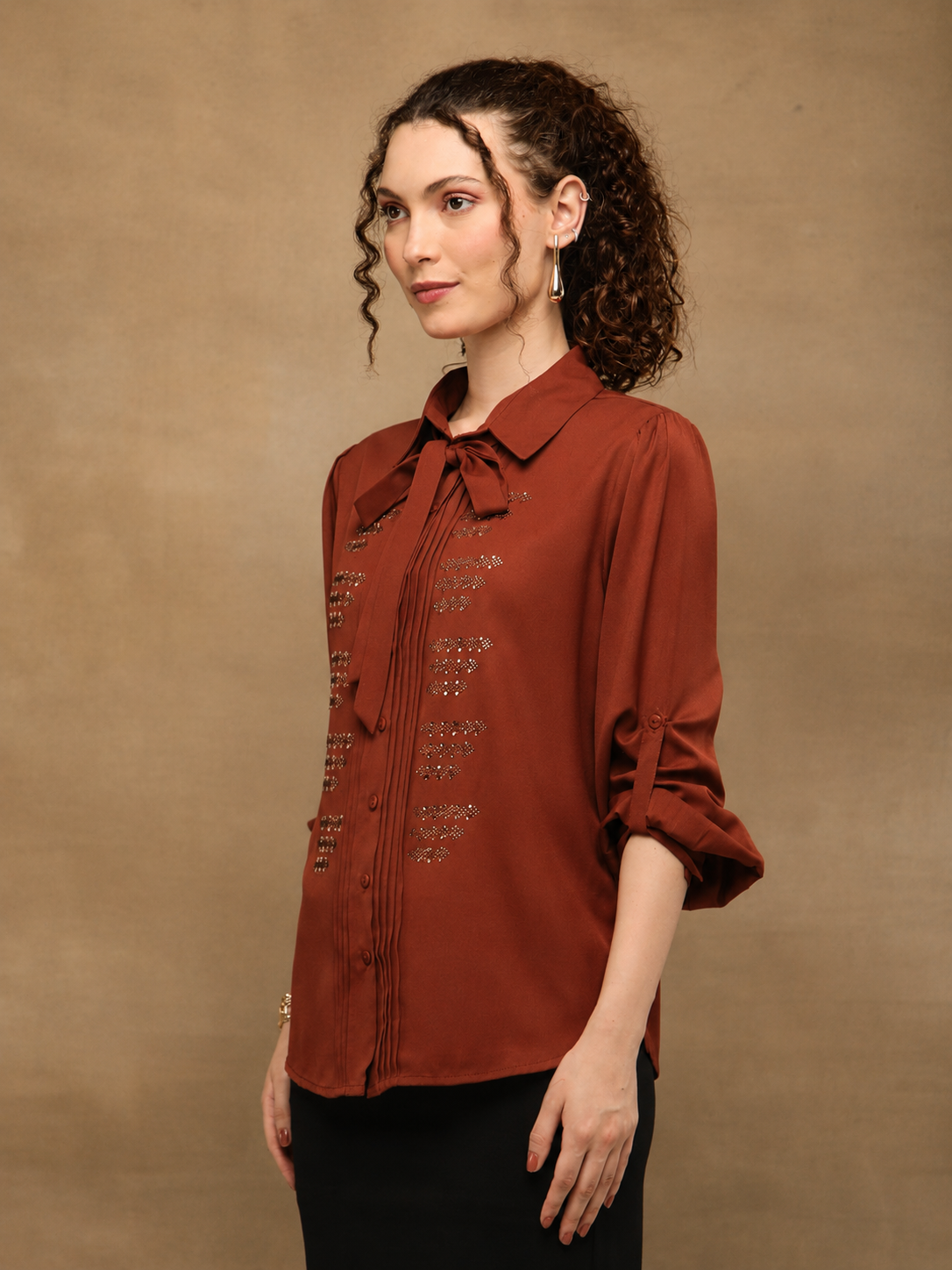 Sienna Brown Linear Crystal Tie-up Shirt (Copy)