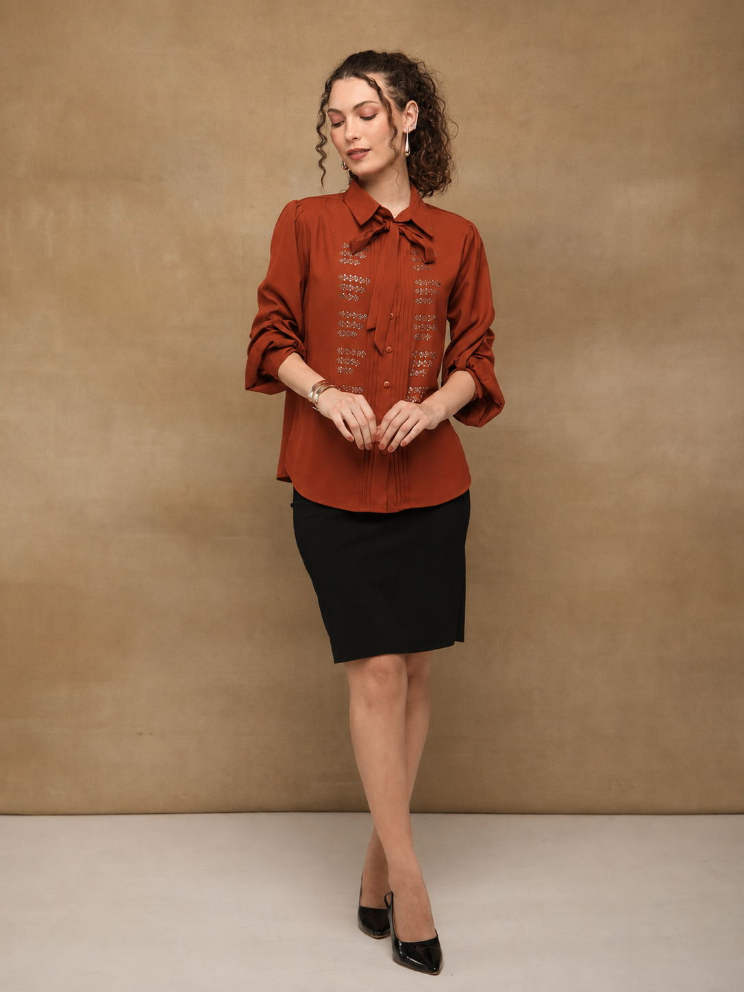 Sienna Brown Linear Crystal Tie-up Shirt (Copy)