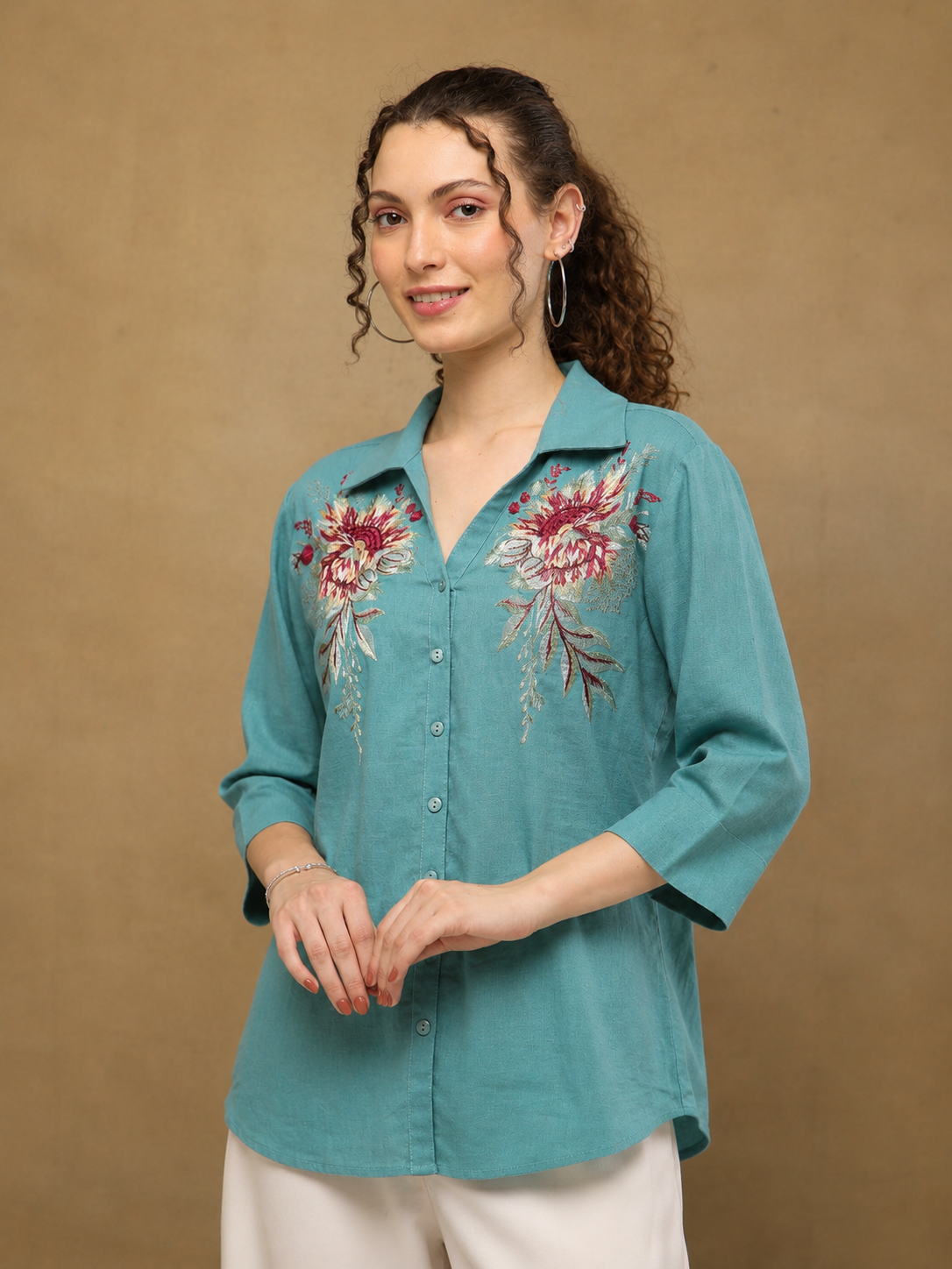 Linen Blossom Embroidered Turquoise Shirt (Copy)