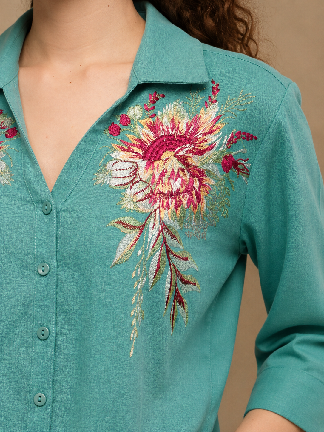 Linen Blossom Embroidered Turquoise Shirt (Copy)
