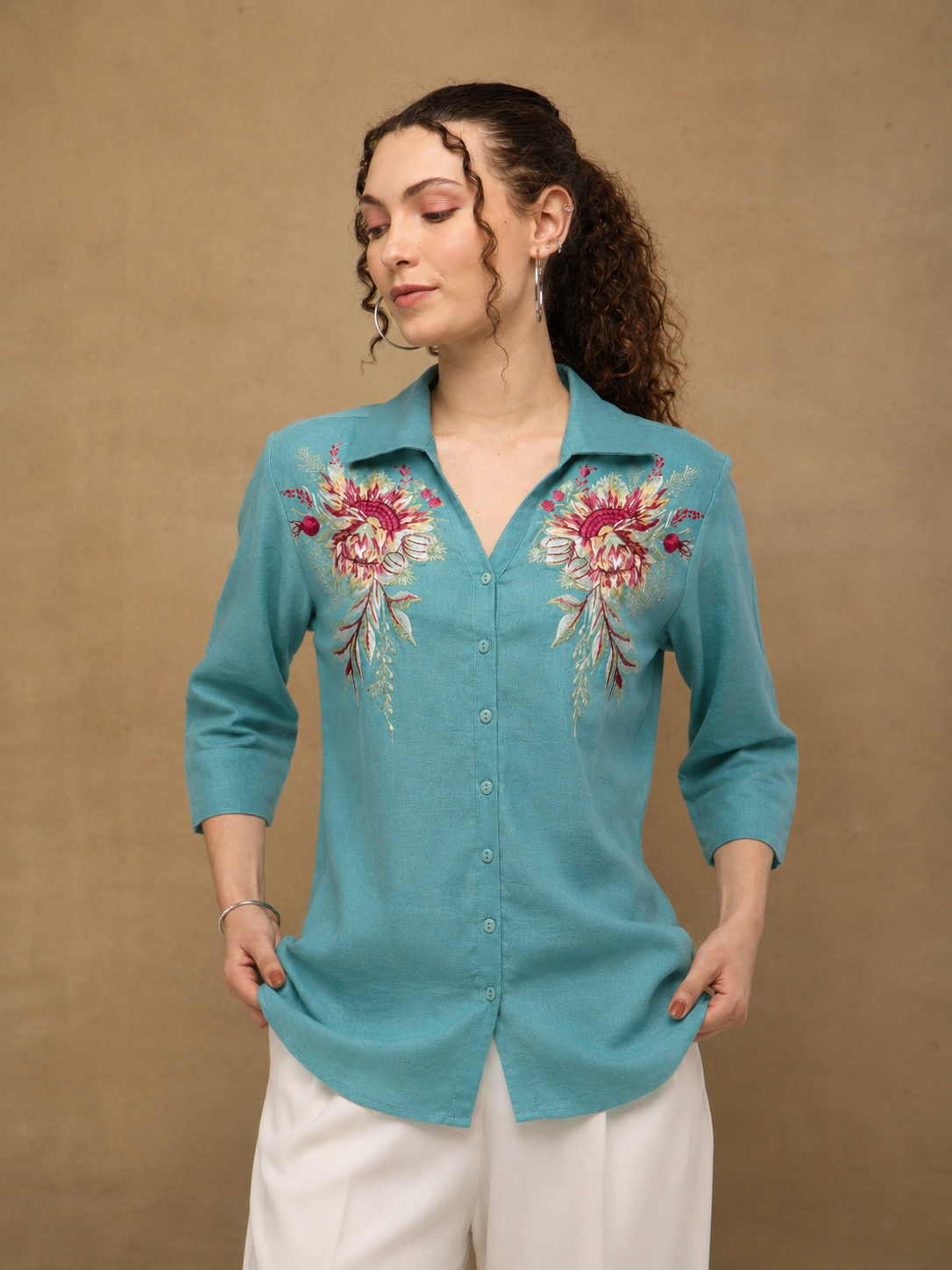 Linen Blossom Embroidered Turquoise Shirt (Copy)
