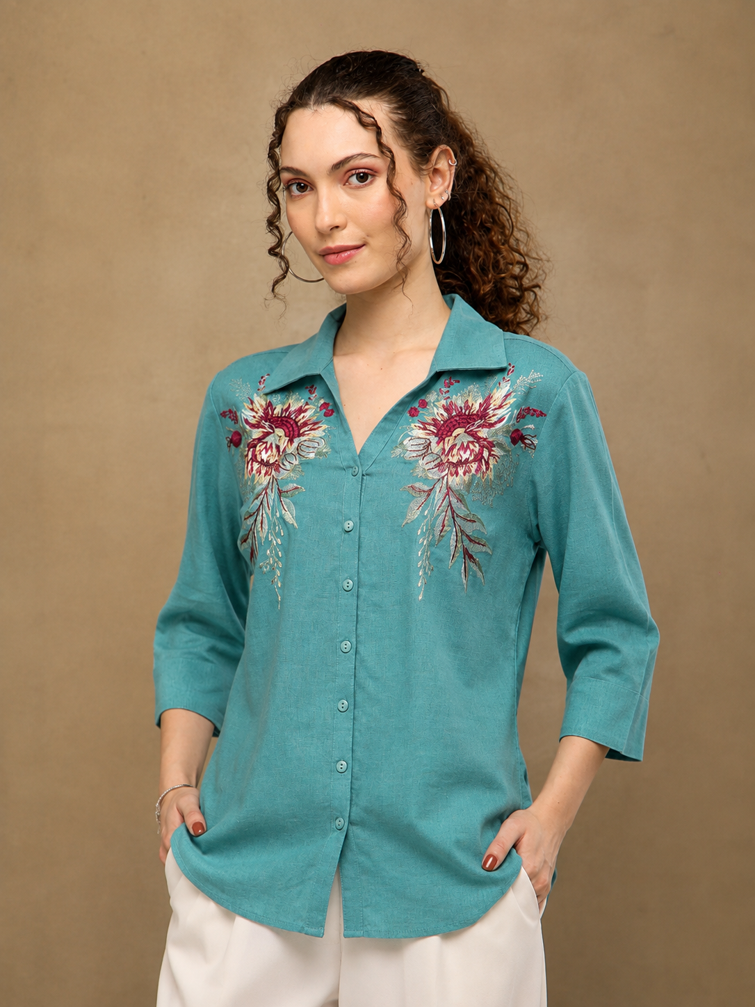 Linen Blossom Embroidered Turquoise Shirt (Copy)