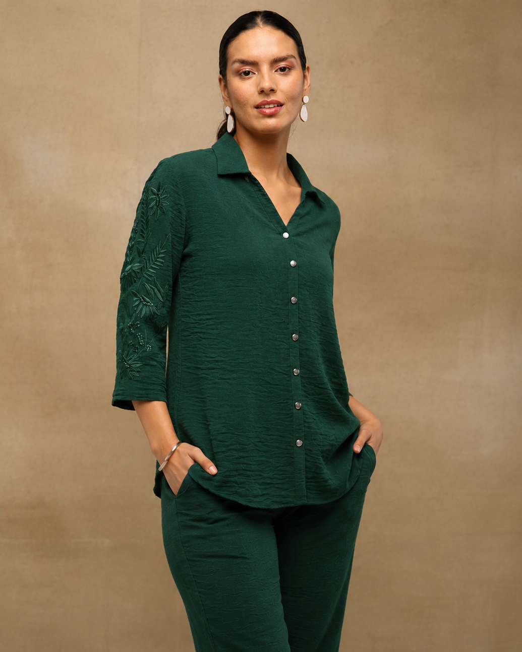 Bottle Green Embroidered Shirt