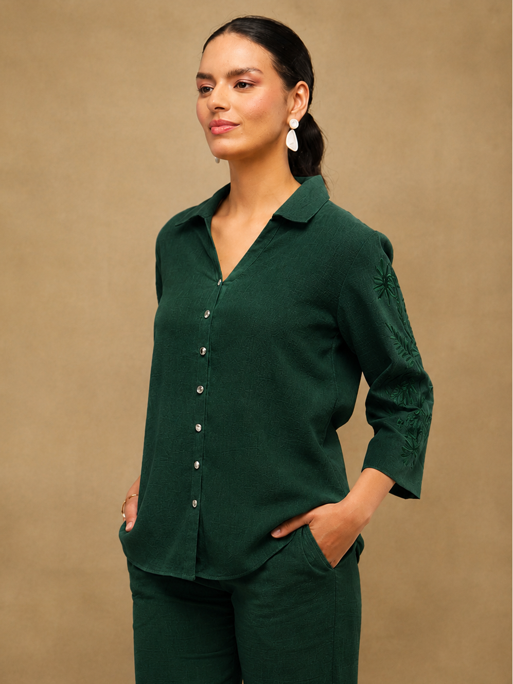 Bottle Green Embroidered Shirt