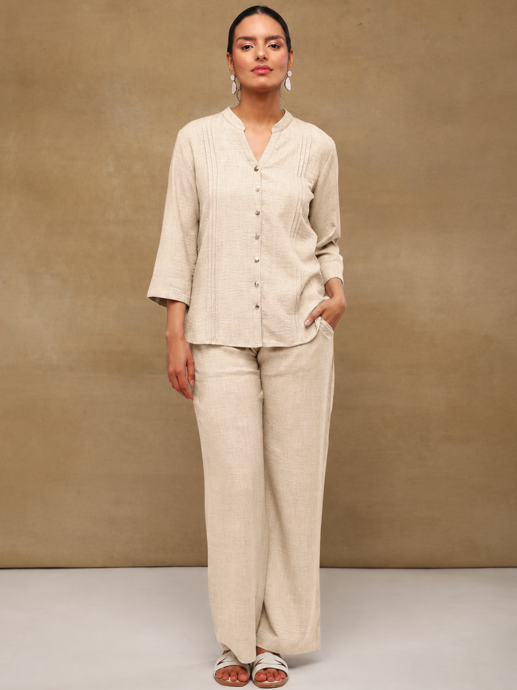 Beige Drawstring Melange Linen Pants