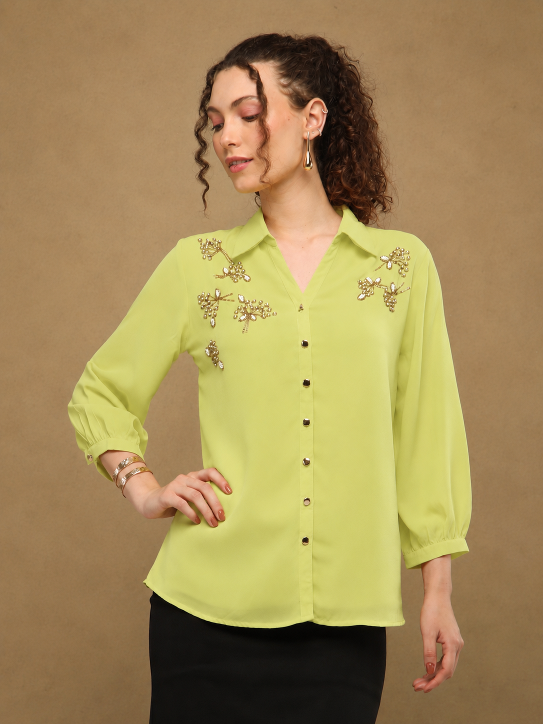Golden Petals Lime Green Shirt