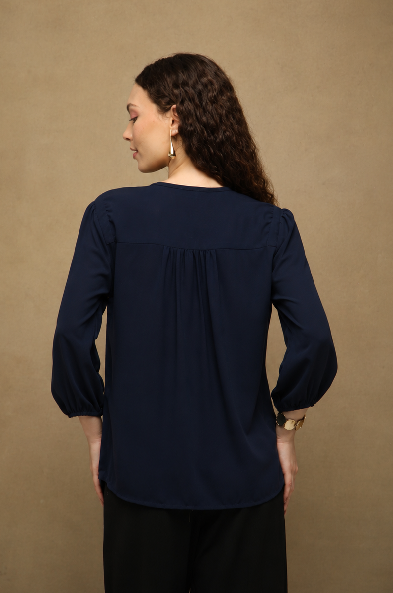 Crystal Round Neck Navy Top
