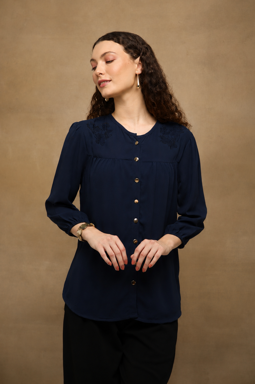 Crystal Round Neck Navy Top