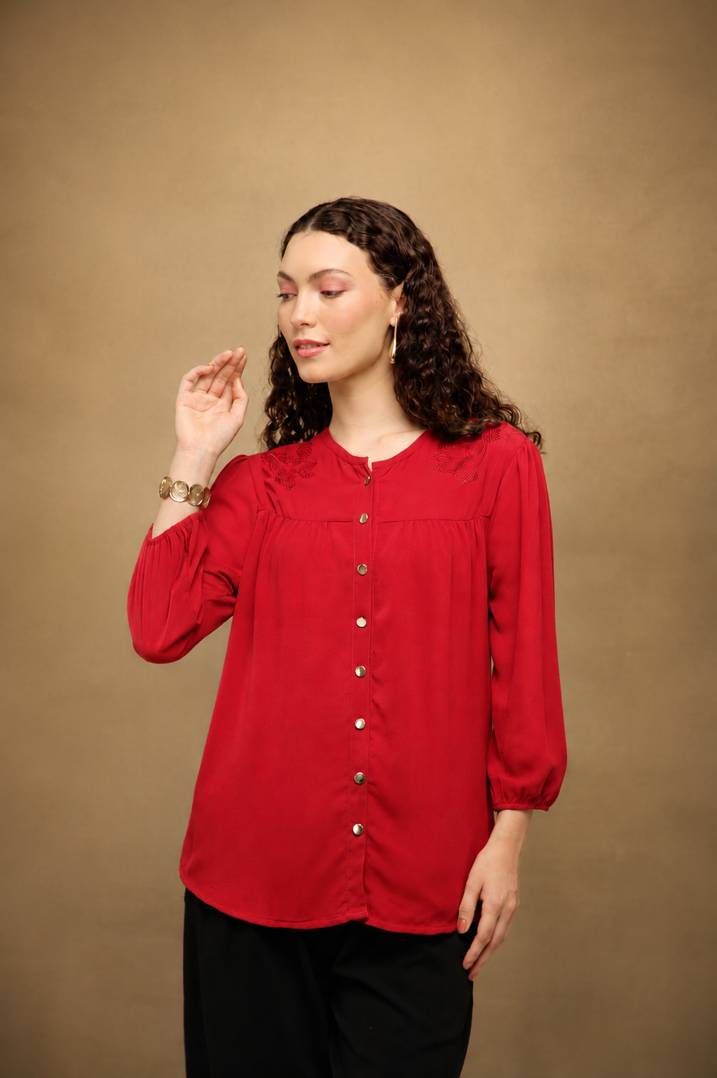 Crystal Round Neck Red Top