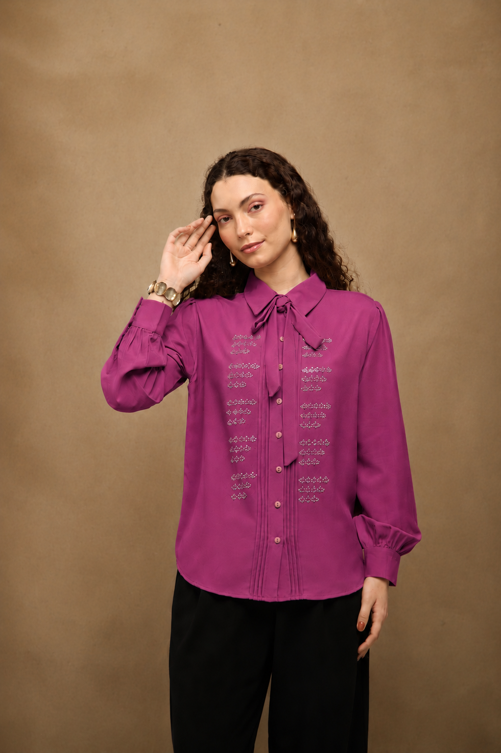 Magenta Linear Crystal Tie-up Shirt